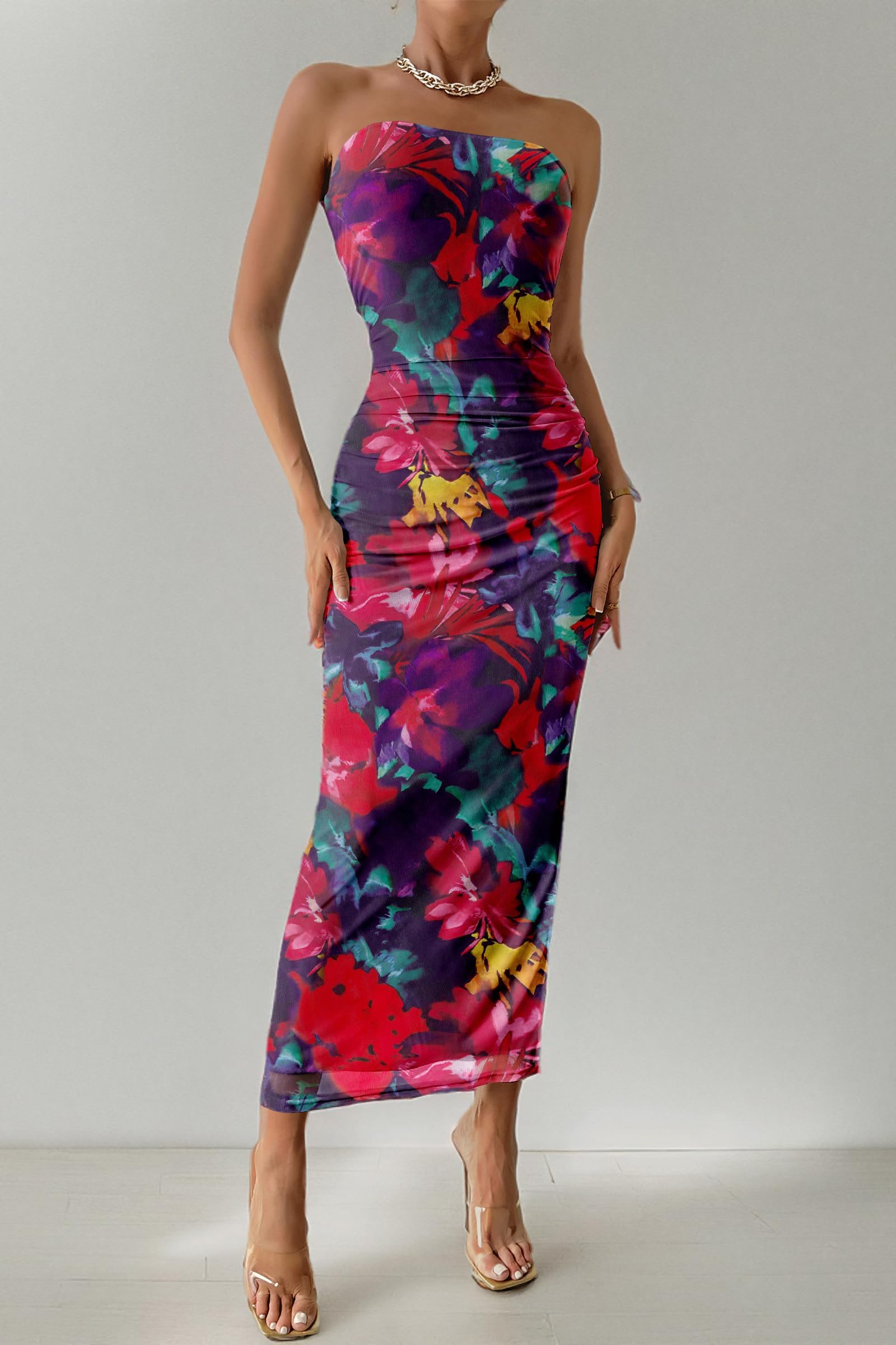 Womens Strapless Bodycon Maxi Dress, Navy Red Big Floral,S