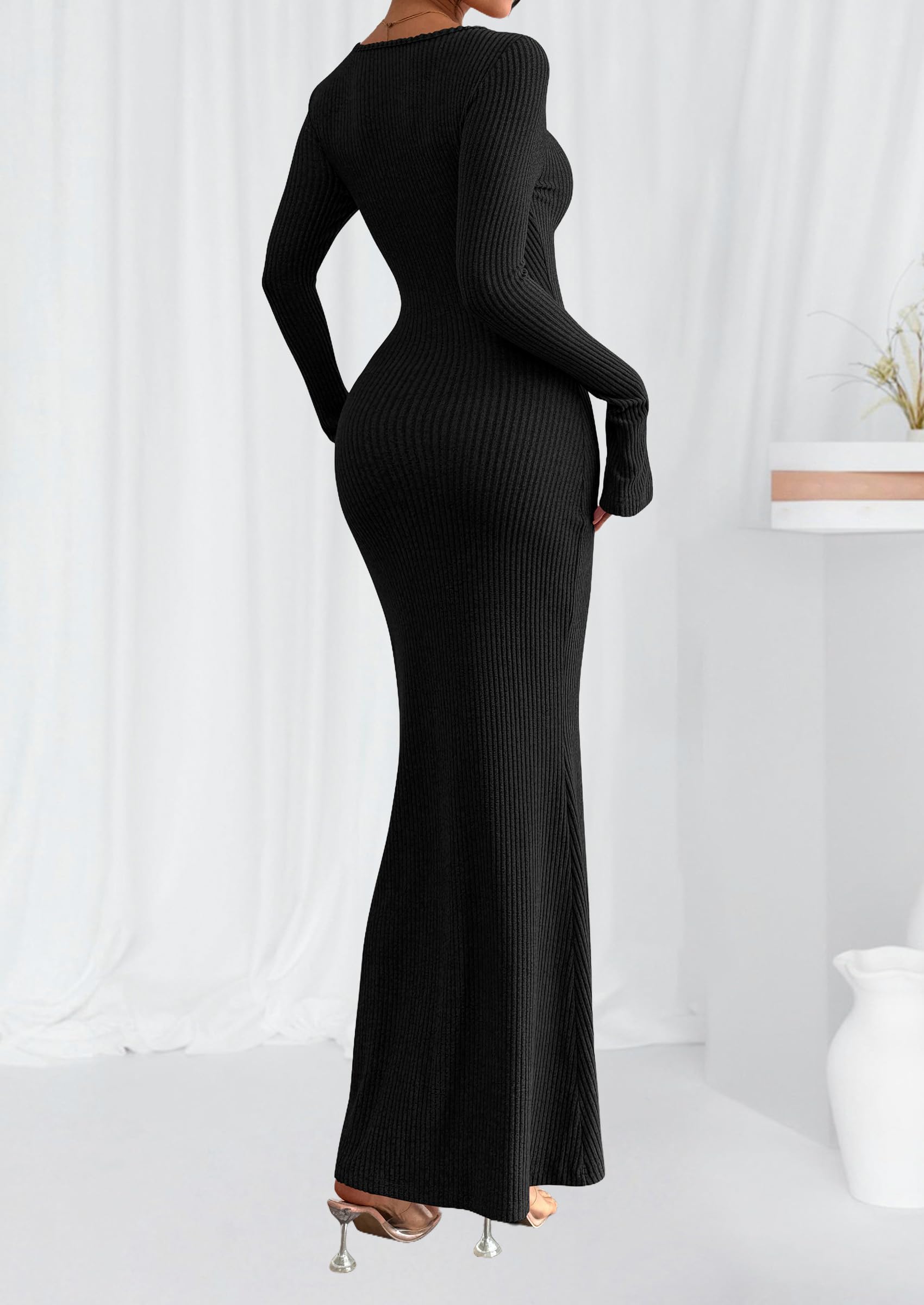 Women's Fall Long Sleeve Bodycon Maxi Dresses (Black,XS)