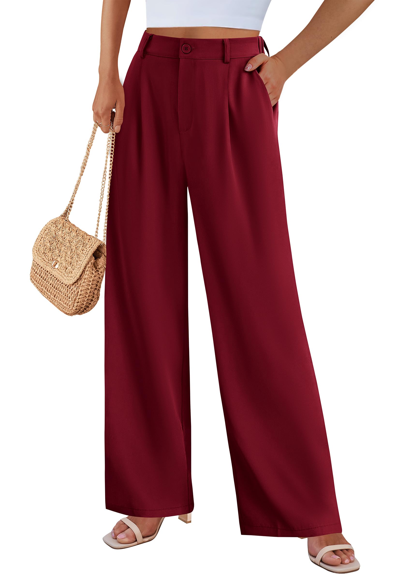 Women's Flowy Wide Leg Dress Pants,Wine Red,S