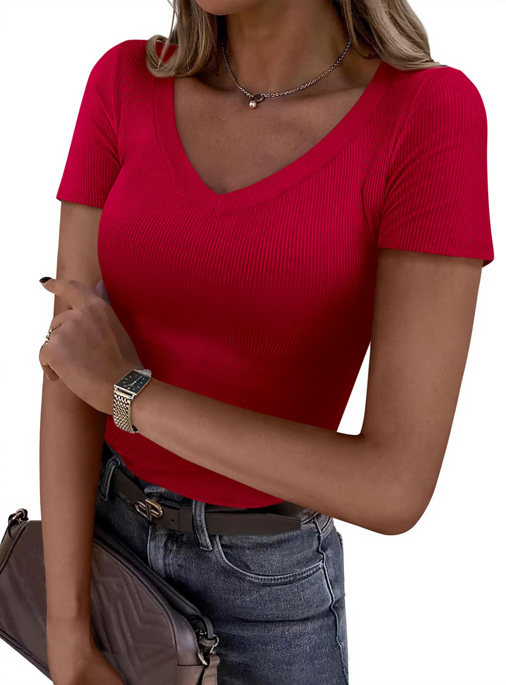 Women's Summer Trendy Tops V Neck T Shirts (Red,XS)