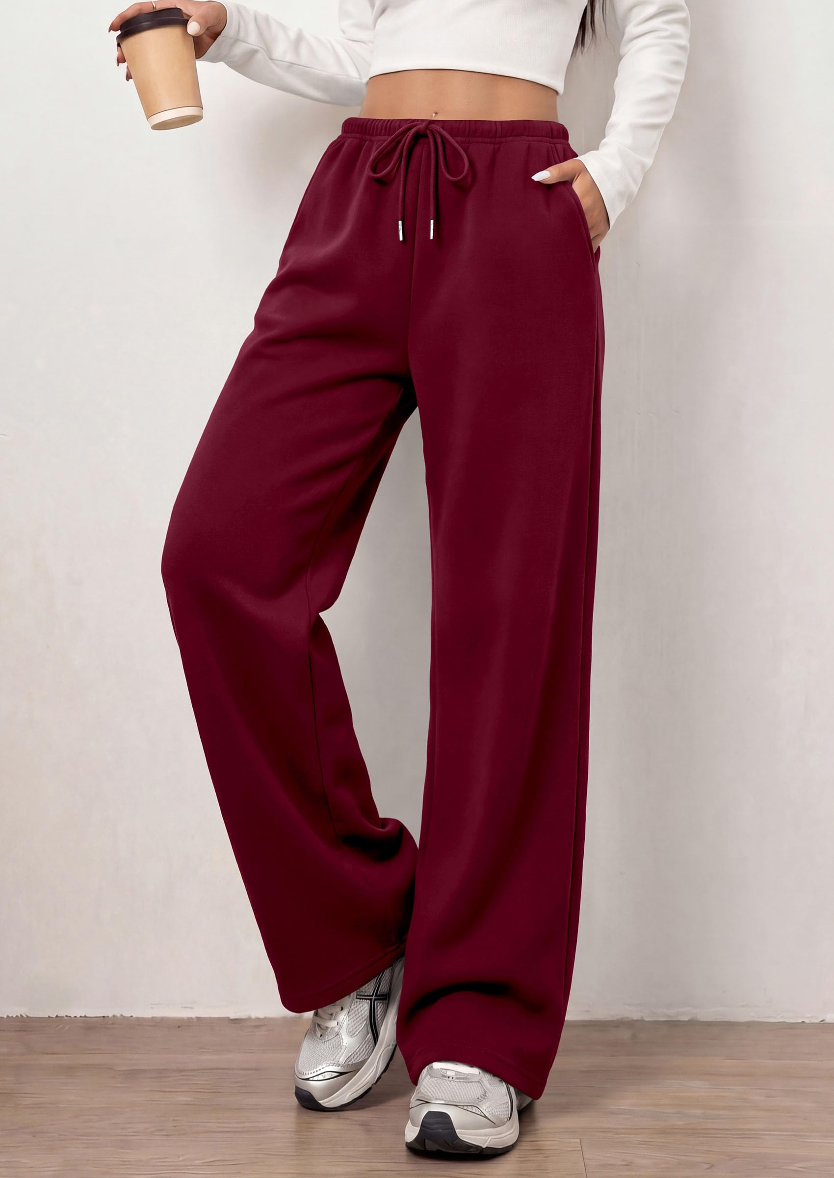 Womens Wide Leg Sweatpants Fleece Fall Sweat Pants,Wine Red