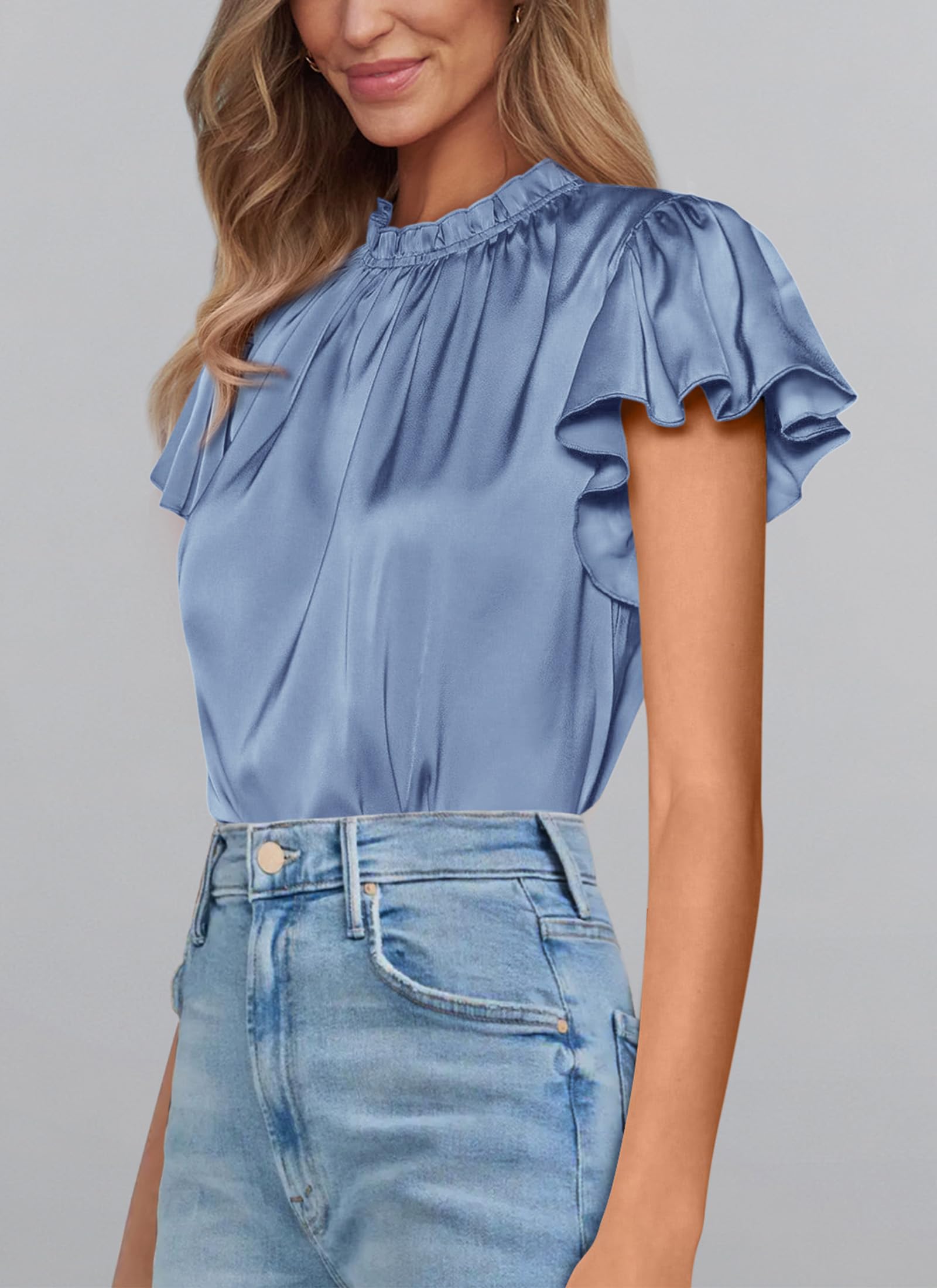 Women's Satin Tops Business Casual Work Blouses, Blue,S