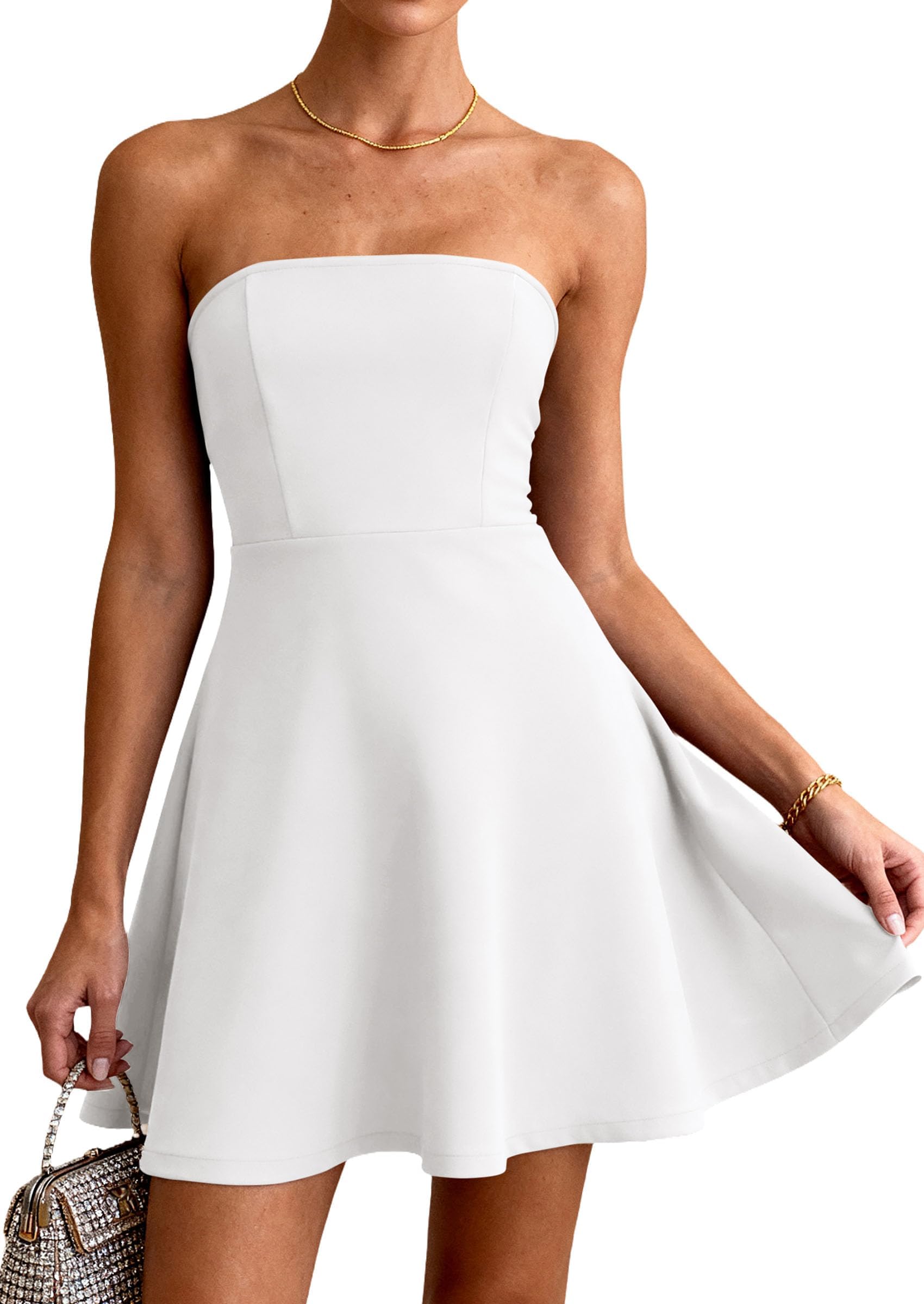 Women's Strapless A Line Mini Summer Dresses White,L