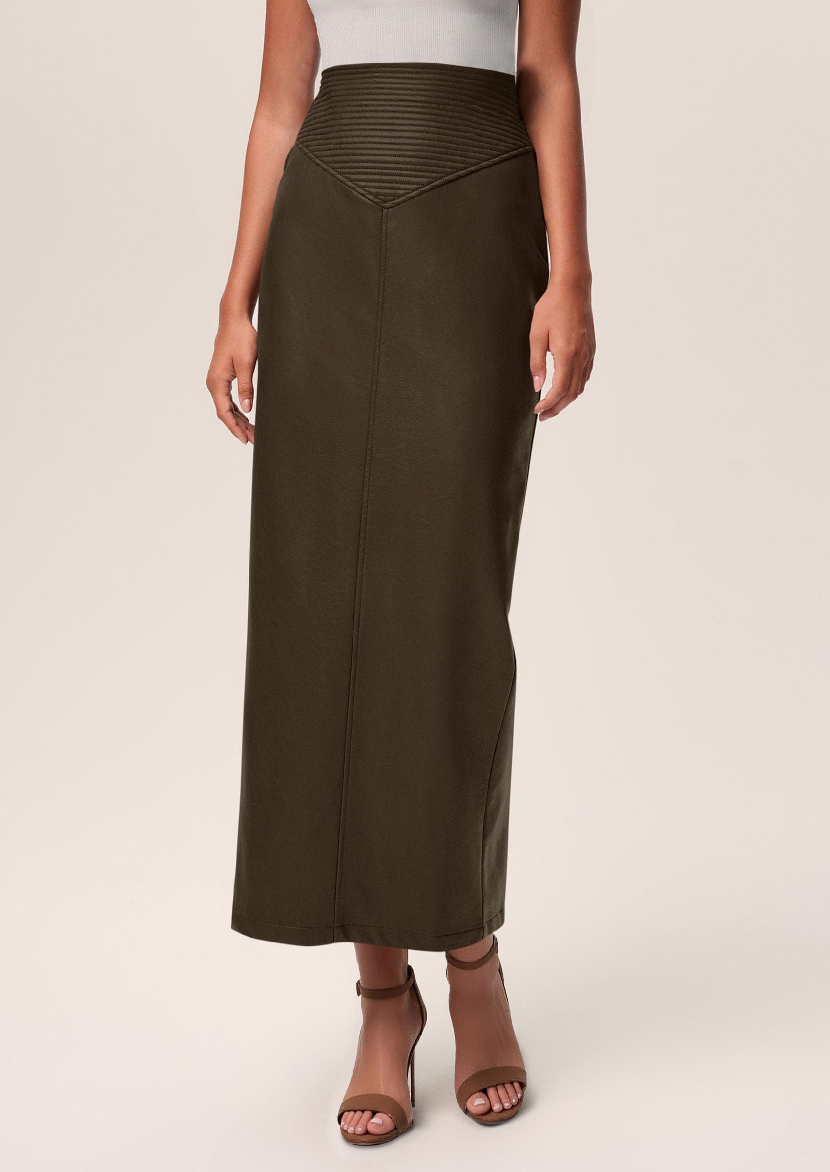 Women's Faux Leather High Waisted Maxi Skirts,Coffee,XS
