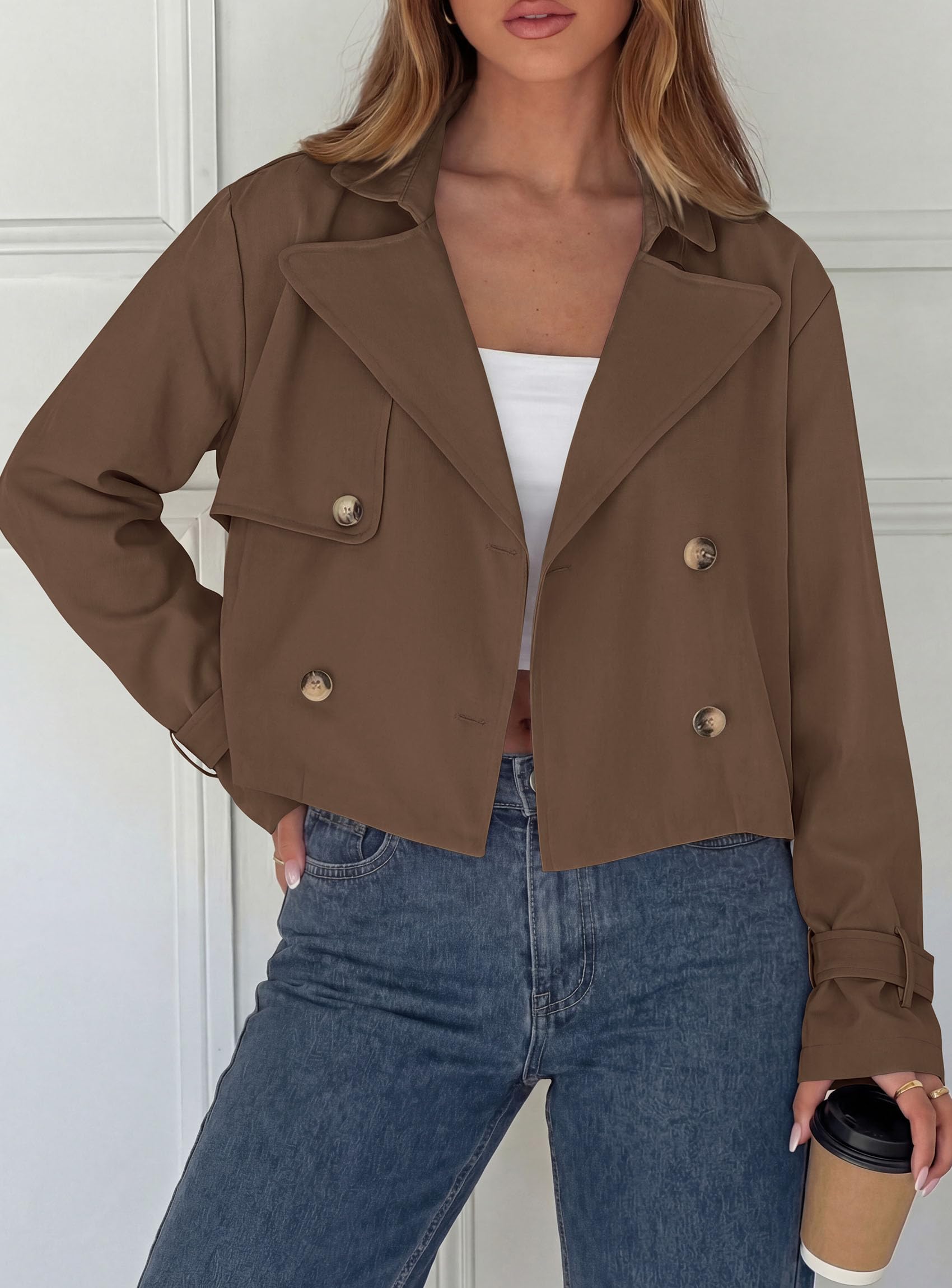 Cropped Trench Coat For Women Short Jacket,Brown,S