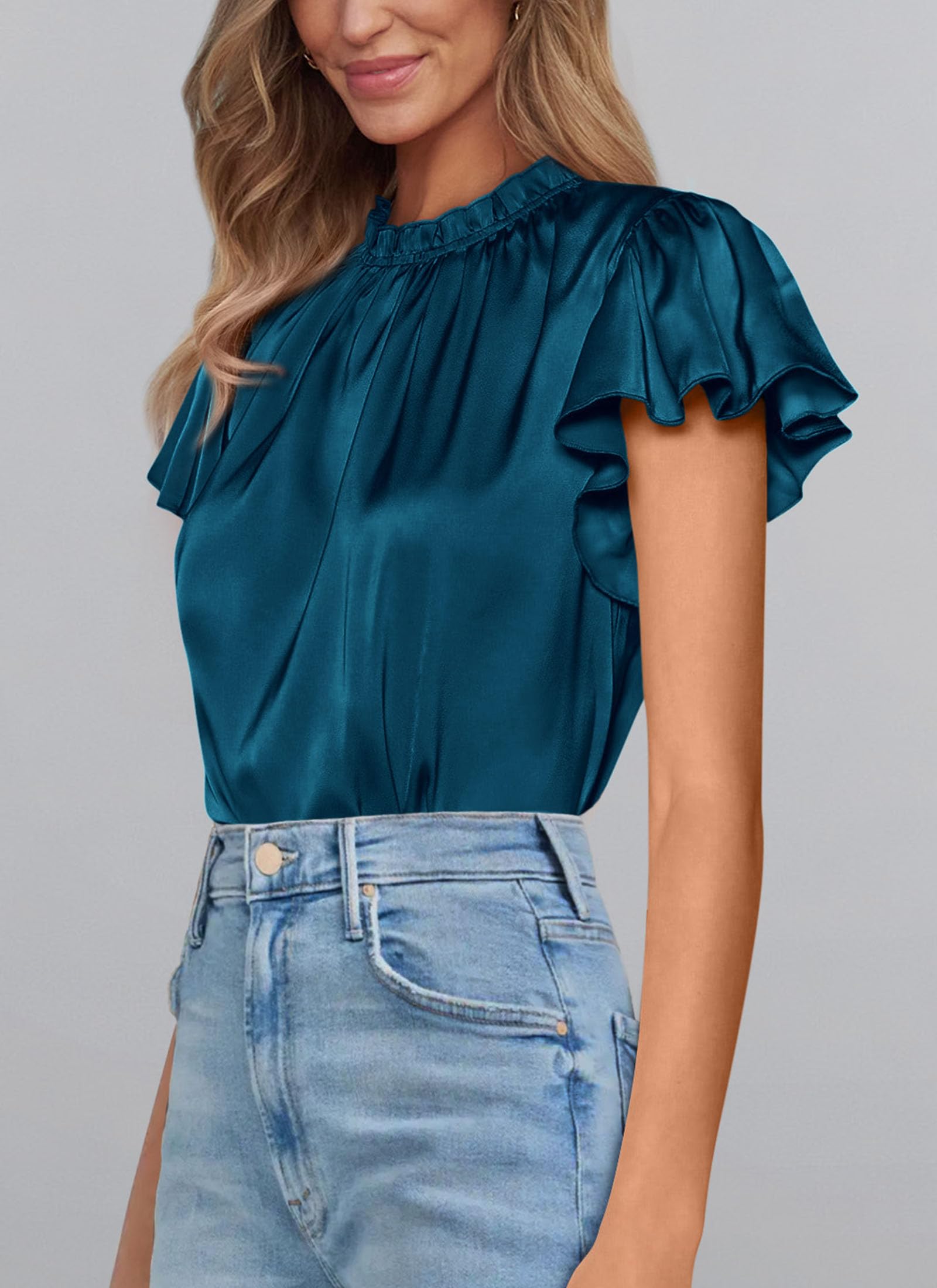 Women Satin Tops Business Casual Work Blouses, Dark Sea Blue,S