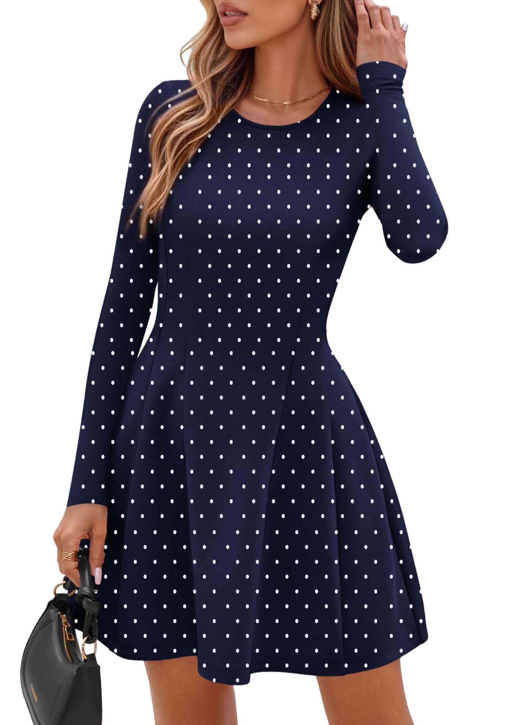 Womens Long Sleeve Pleated Mini Dress,Dot Navy White,XS