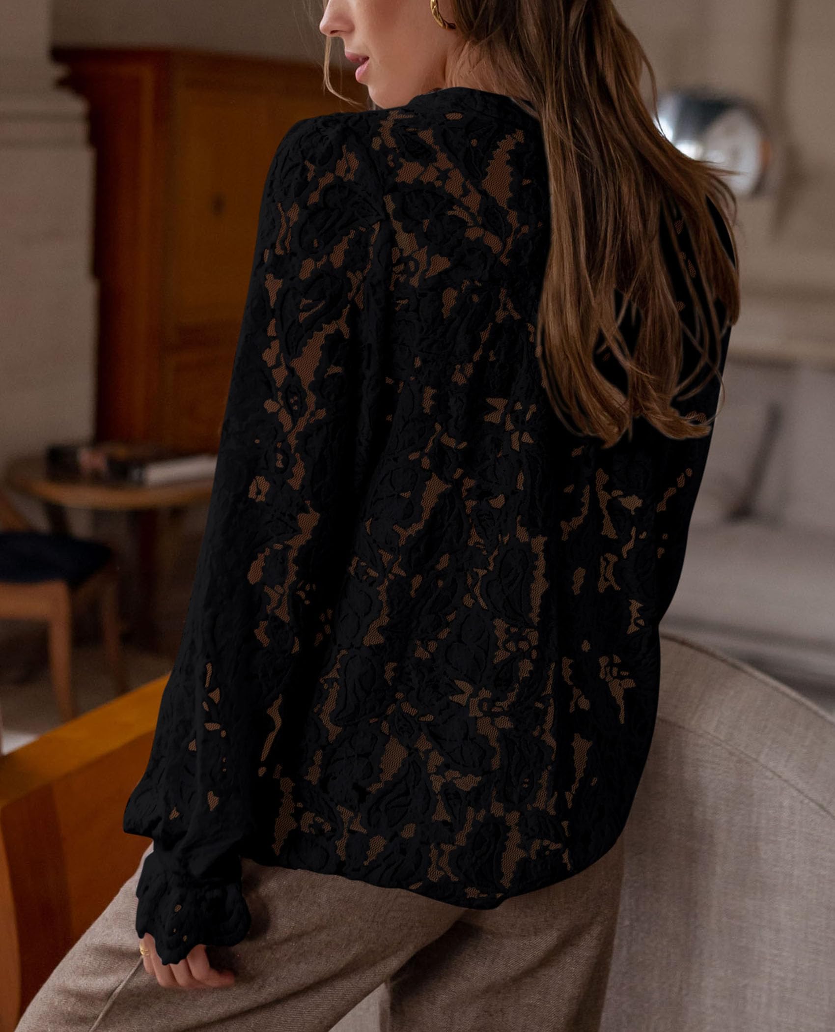 Women's Fall Trendy Long Sleeve Lace Tops(Black,Small)
