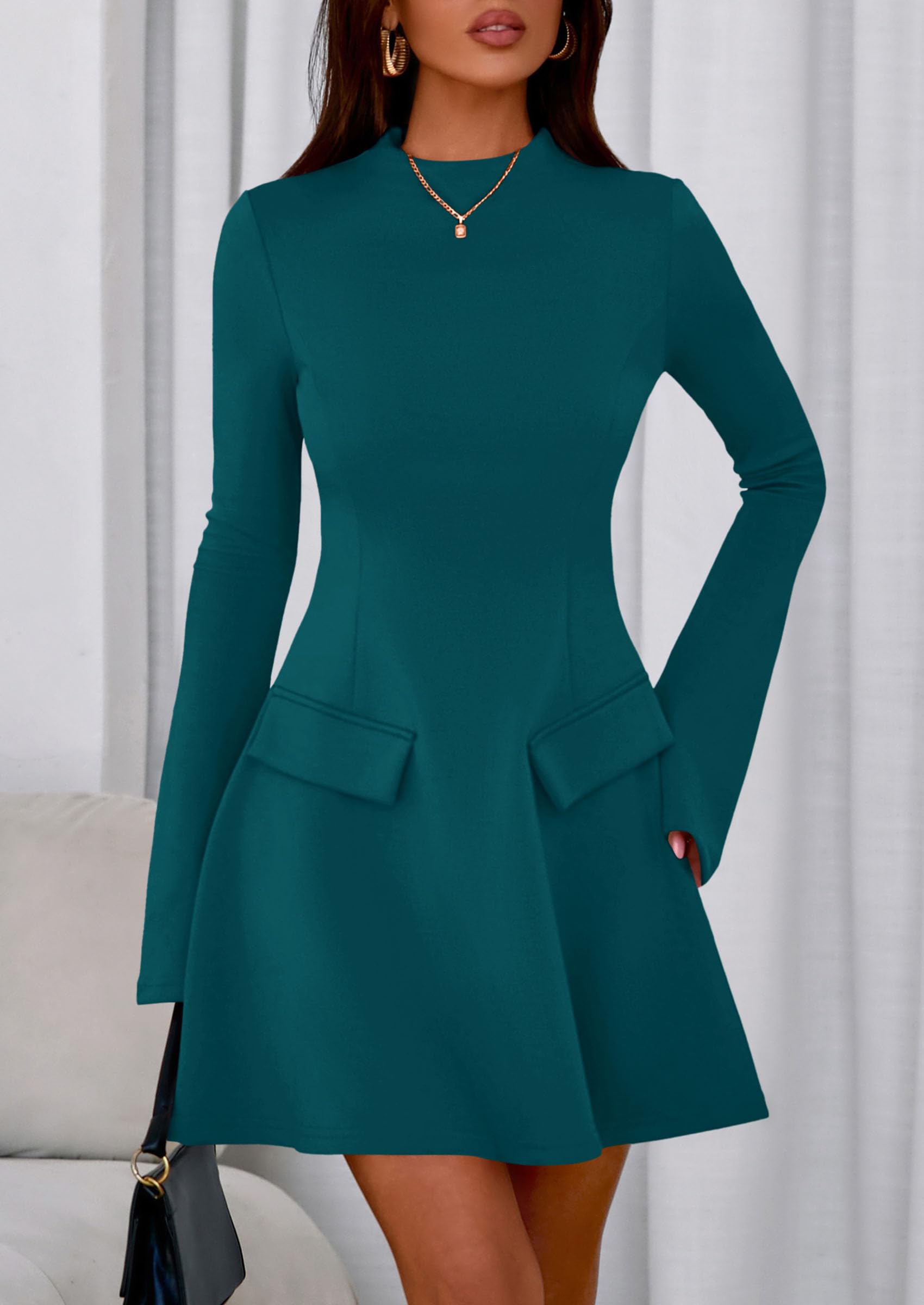 Women's Fall Bell Sleeve Short Dress,Blue Green,XS