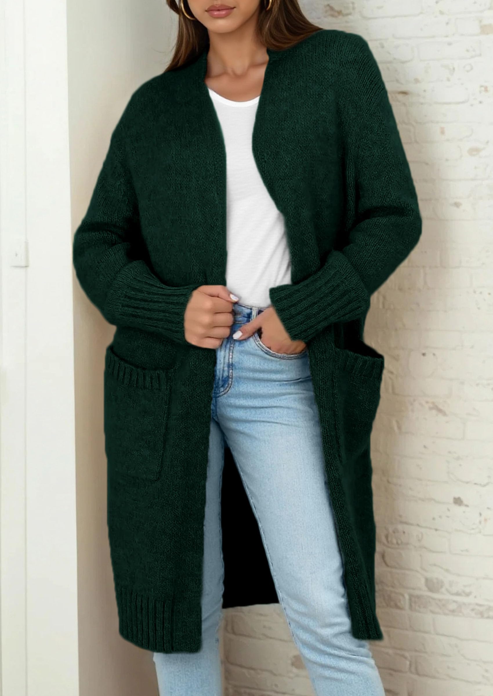 Open Front Cardigan Sweaters for Women,Dark Green,S