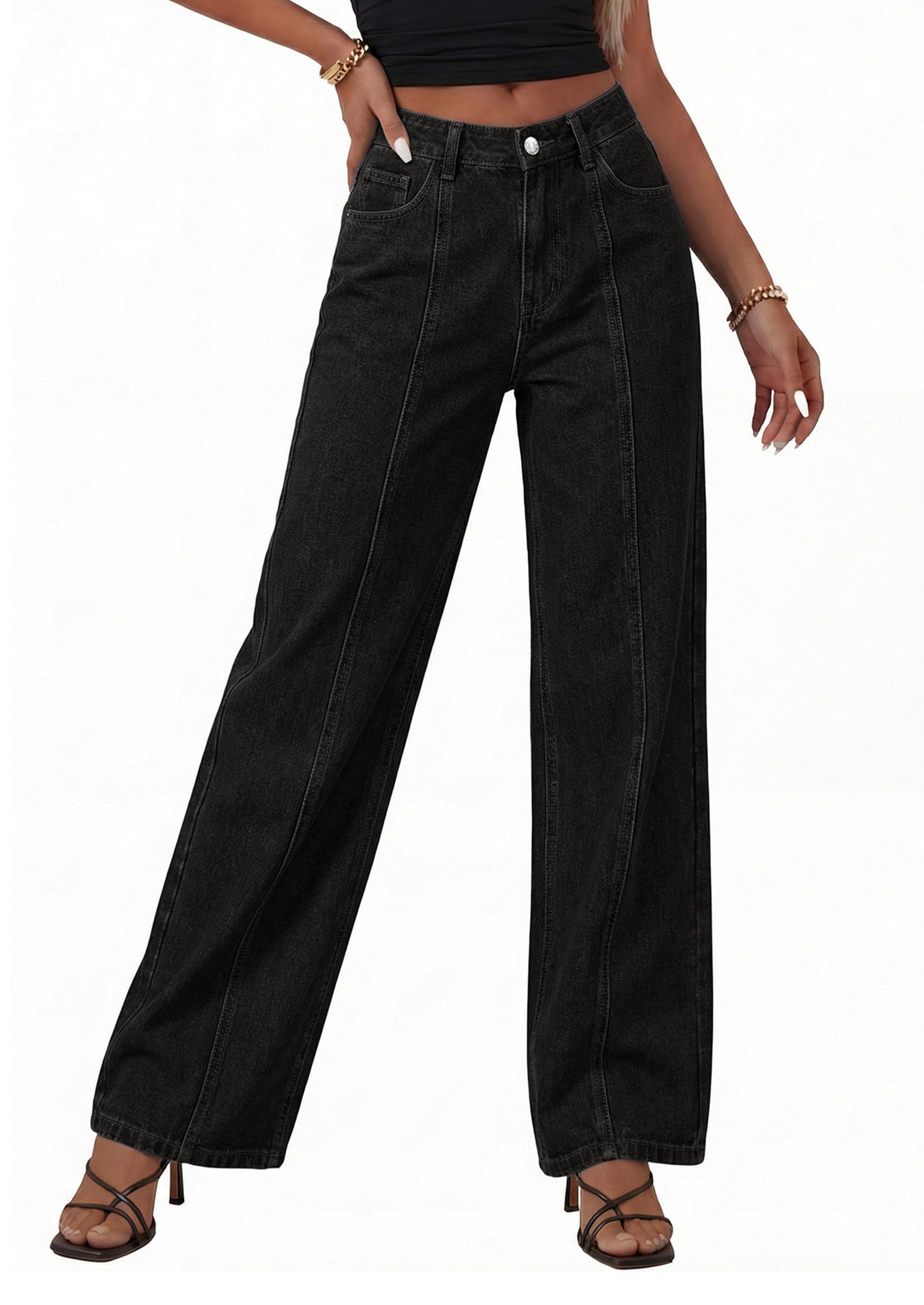Women's Wide Leg Jeans Stretchy Baggy Denim Pants,Black,4