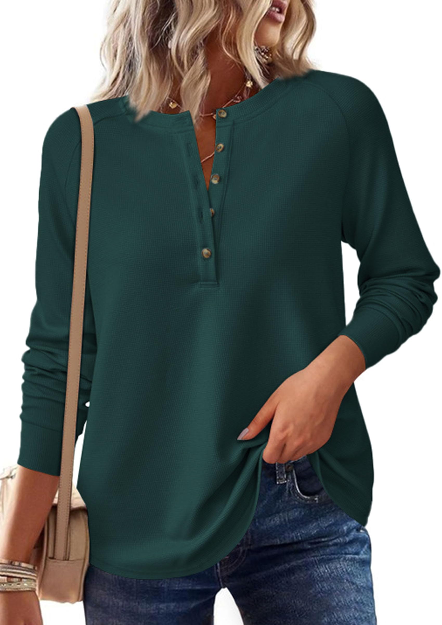Women's Long Sleeve Waffle Knit Henley Shirts Loose Tunic Tops