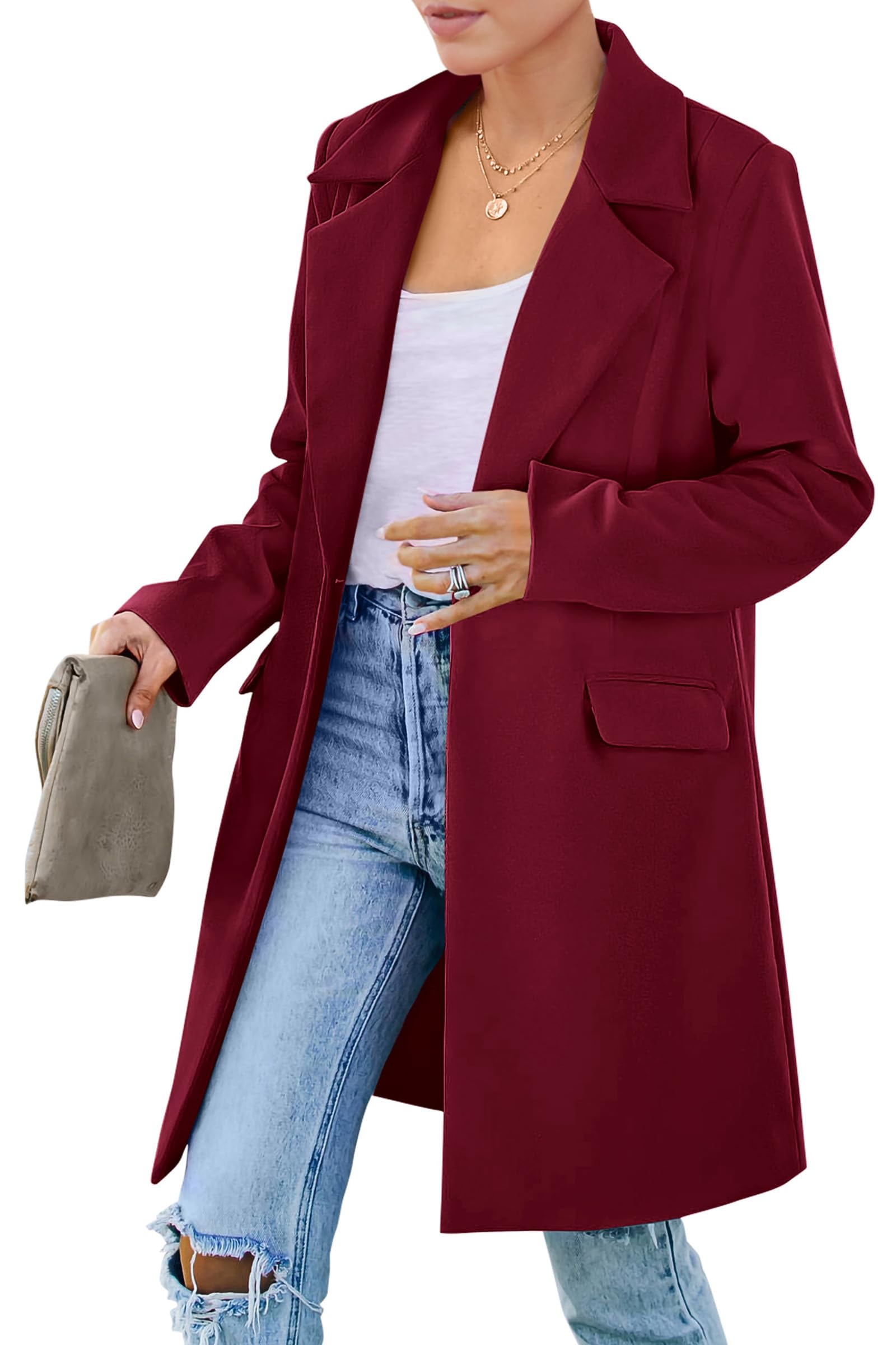 Women's Business Casual Long Blazer Jackets(Wine Red,S)