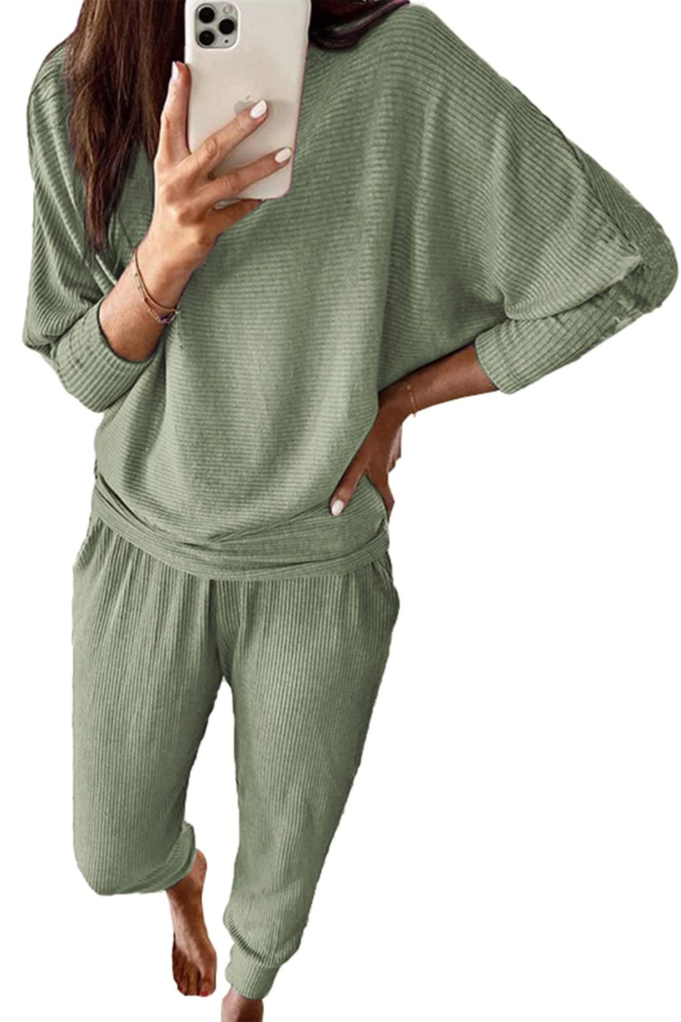 Women's 2 Piece Fall Outfits Matching Ribbed Knit Lounge Sets