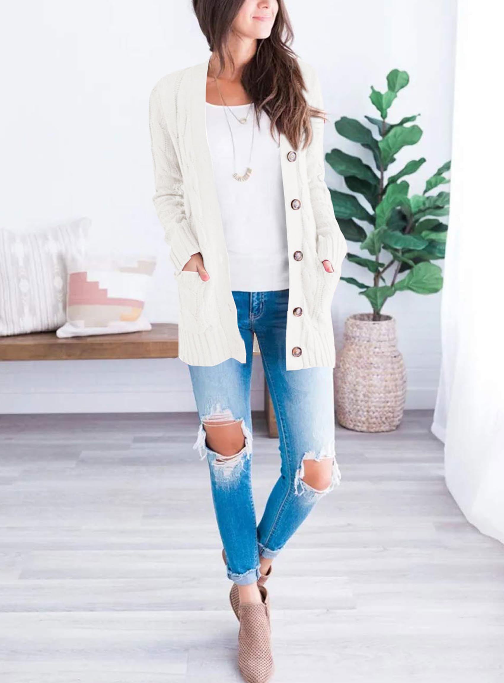 Women Chunky Cable Knit Cardigan Sweaters Fall Fashion Clothes