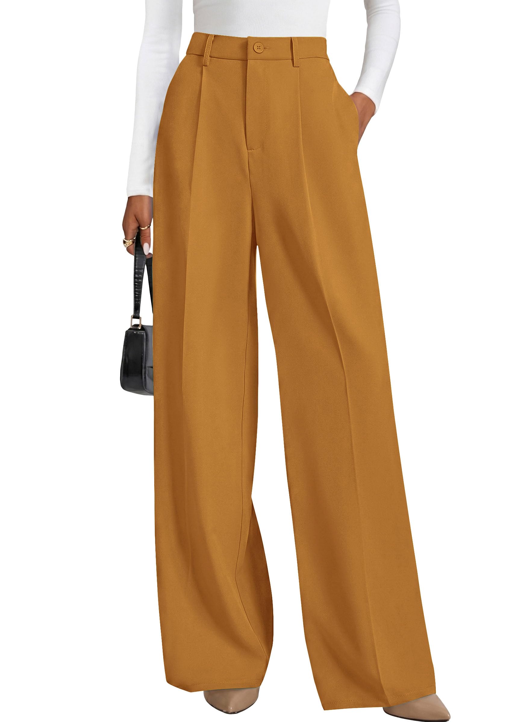 Women's Flowy Wide Leg Dress Pants,Brown Yellow,S