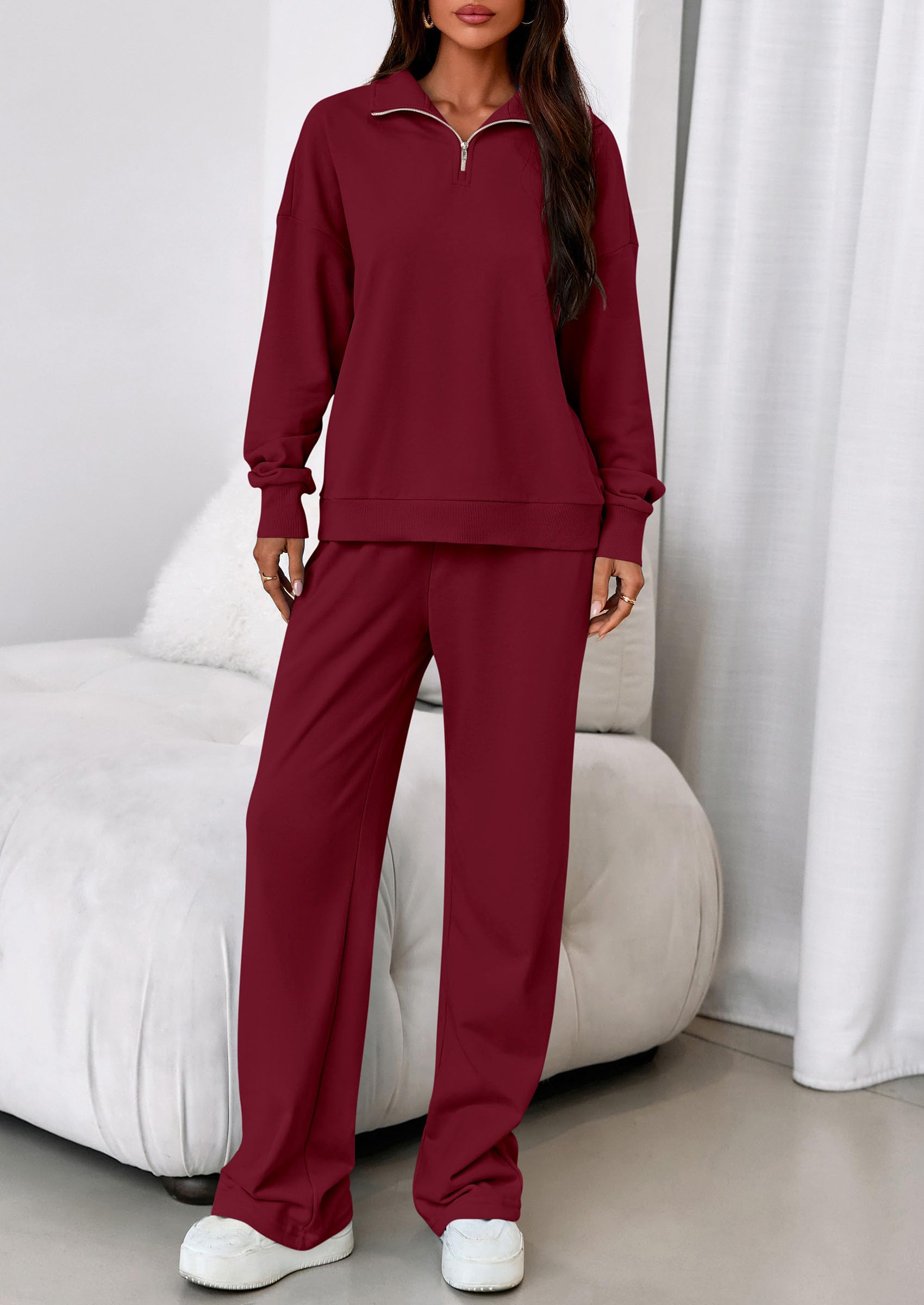 Womens 2 Piece Outfits Matching Lounge Sets,Wine Red,S