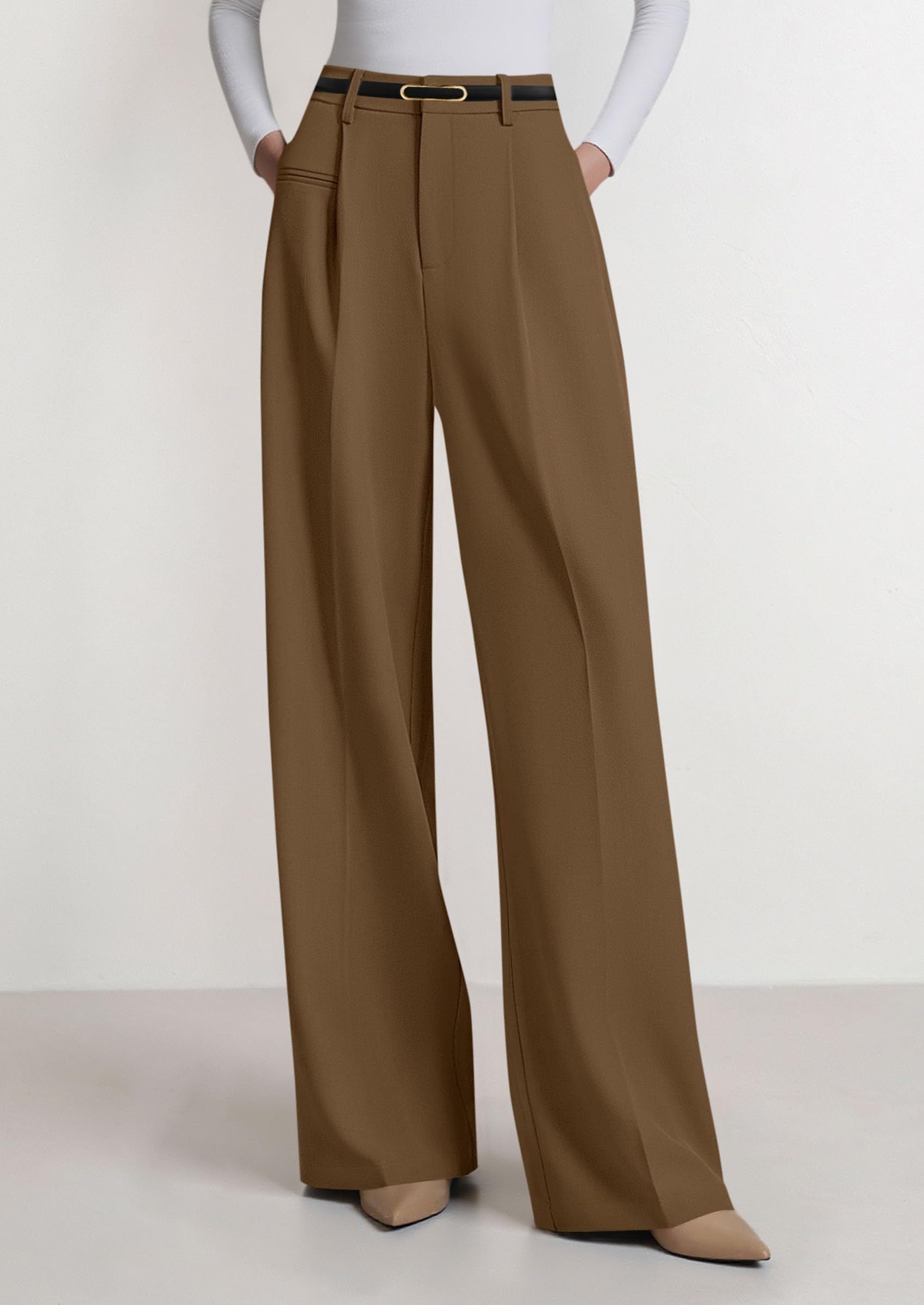 Women's Tailored Wide Leg Work Dress Pants,Brown,S