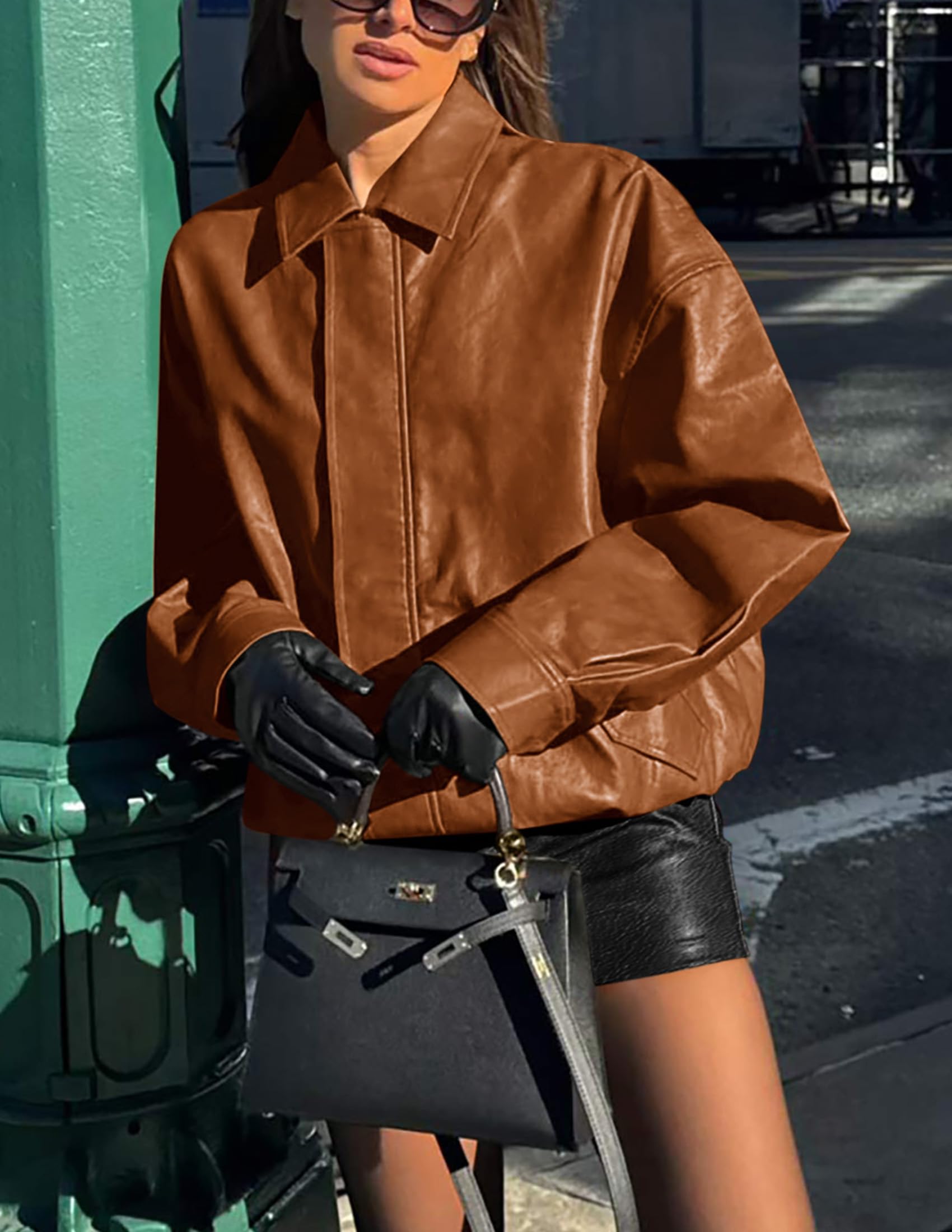 Women's Faux Leather Motorcycle Jackets(Brown,X-Small)