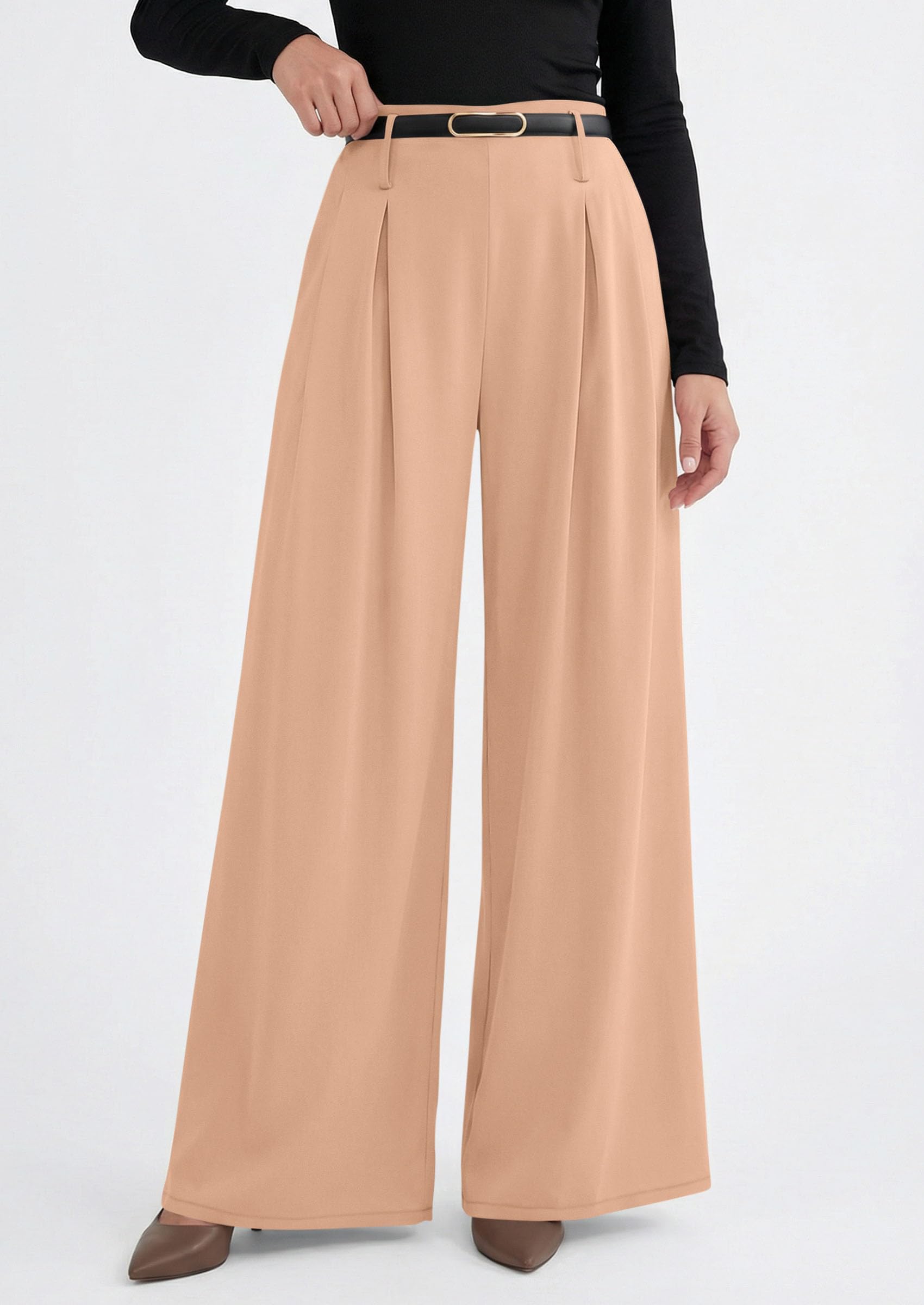 Womens Wide Leg Dress Pants Flowy Trousers,Champagne,S