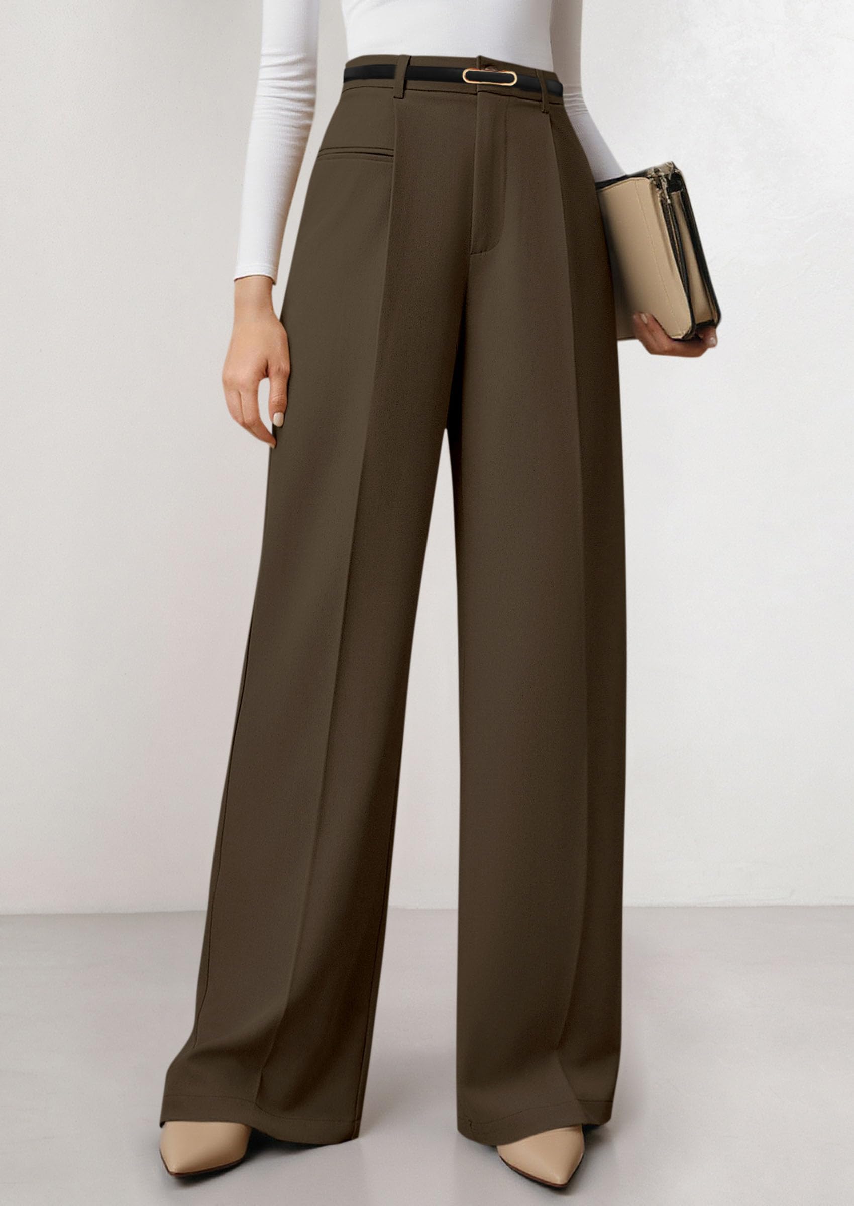 Women's Tailored Wide Leg Work Dress Pants,Coffee,S