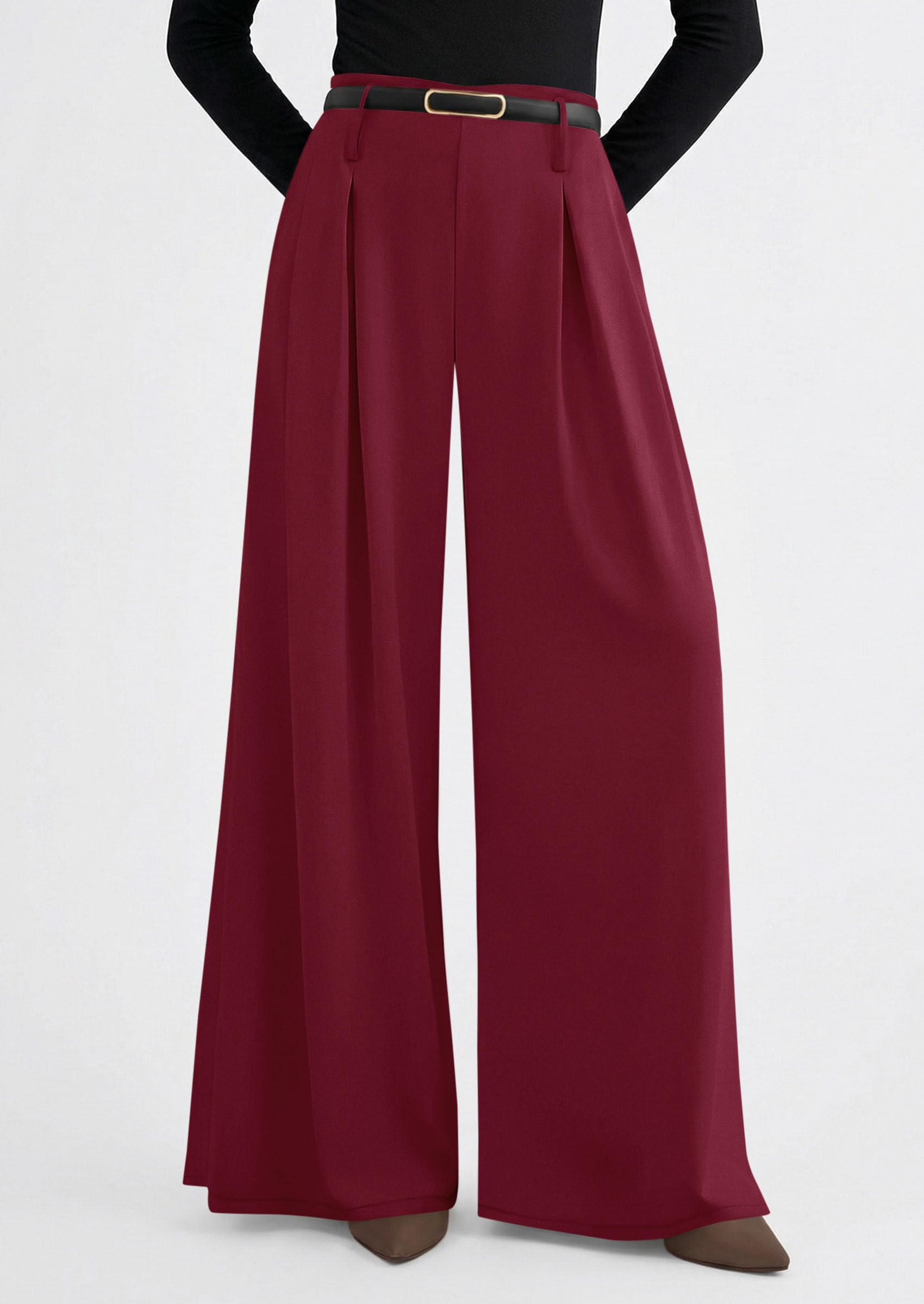 Womens Wide Leg Dress Pants Flowy Trousers,Wine Red,S