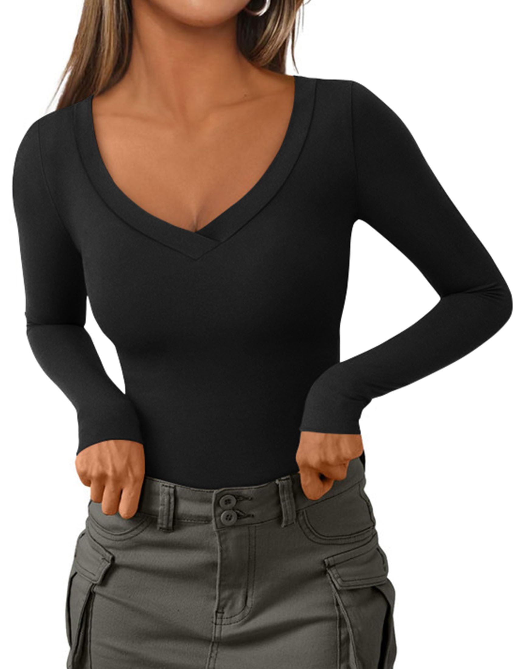 Women's V Neck Long Sleeve Shirts,Black,X-S
