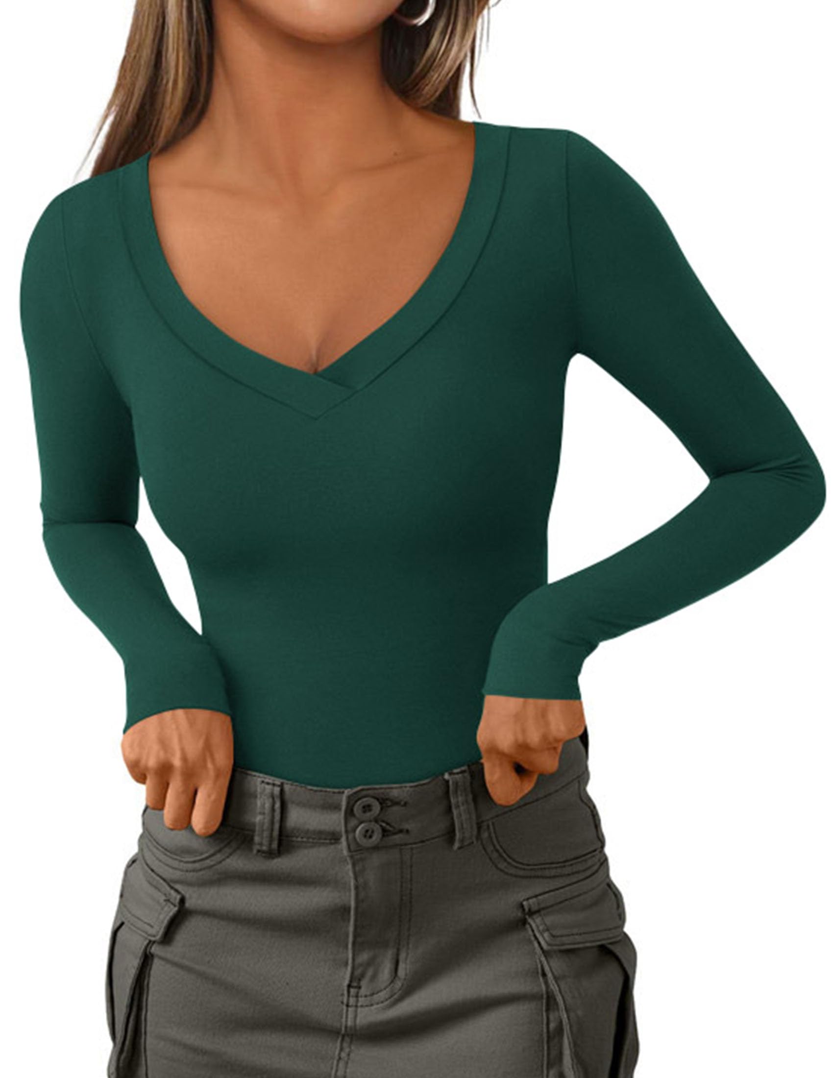 Women's V Neck Long Sleeve Shirts,Dark Green,X-S