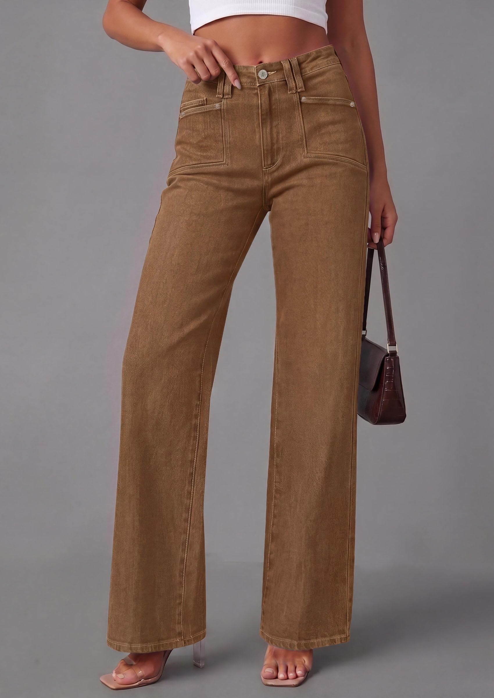 High Waisted Wide Leg Jeans for Women 2026 Trendy,Brown,6