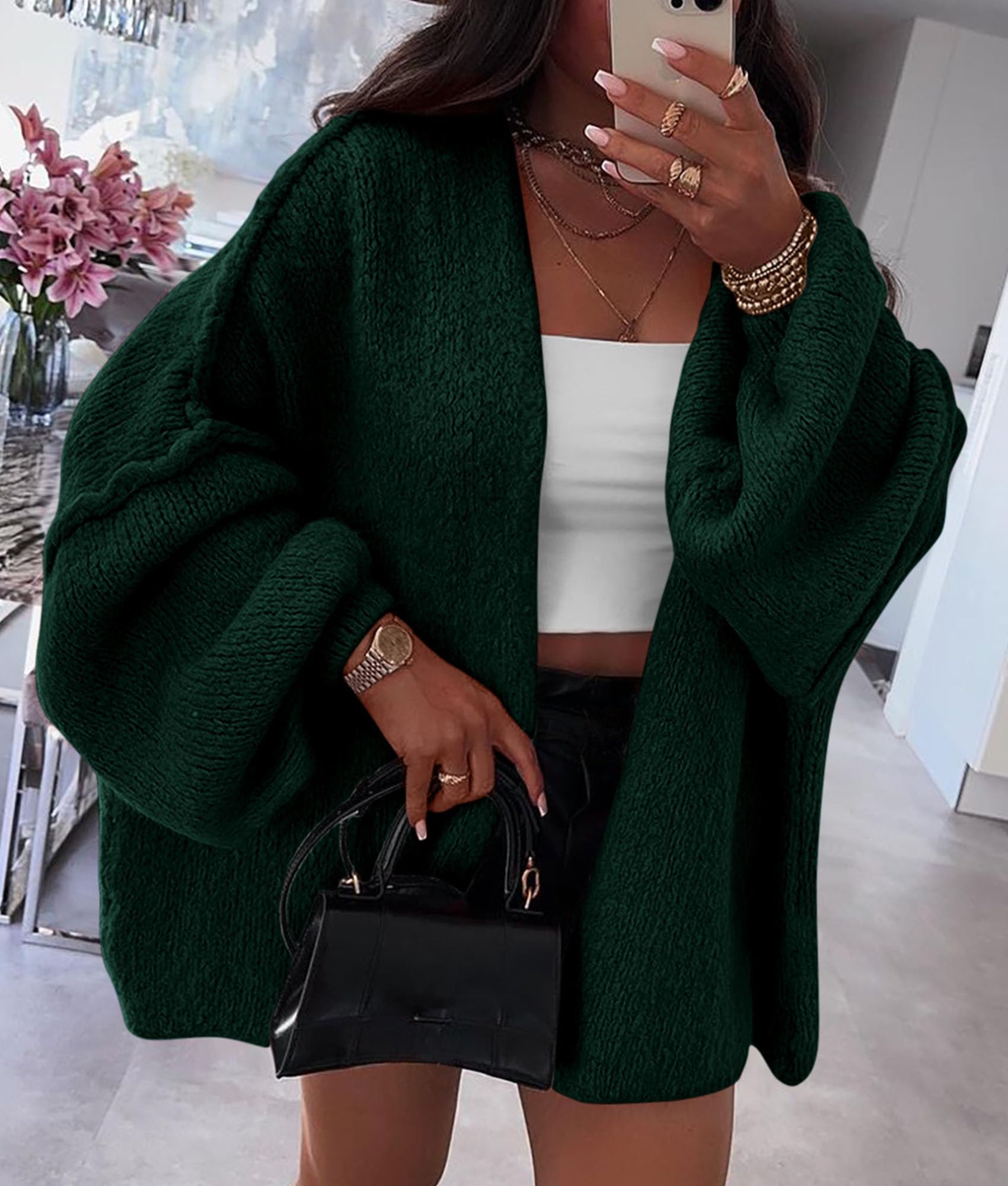 Womens Open Front Oversized Cardigan Sweaters,Spinach Green,XS