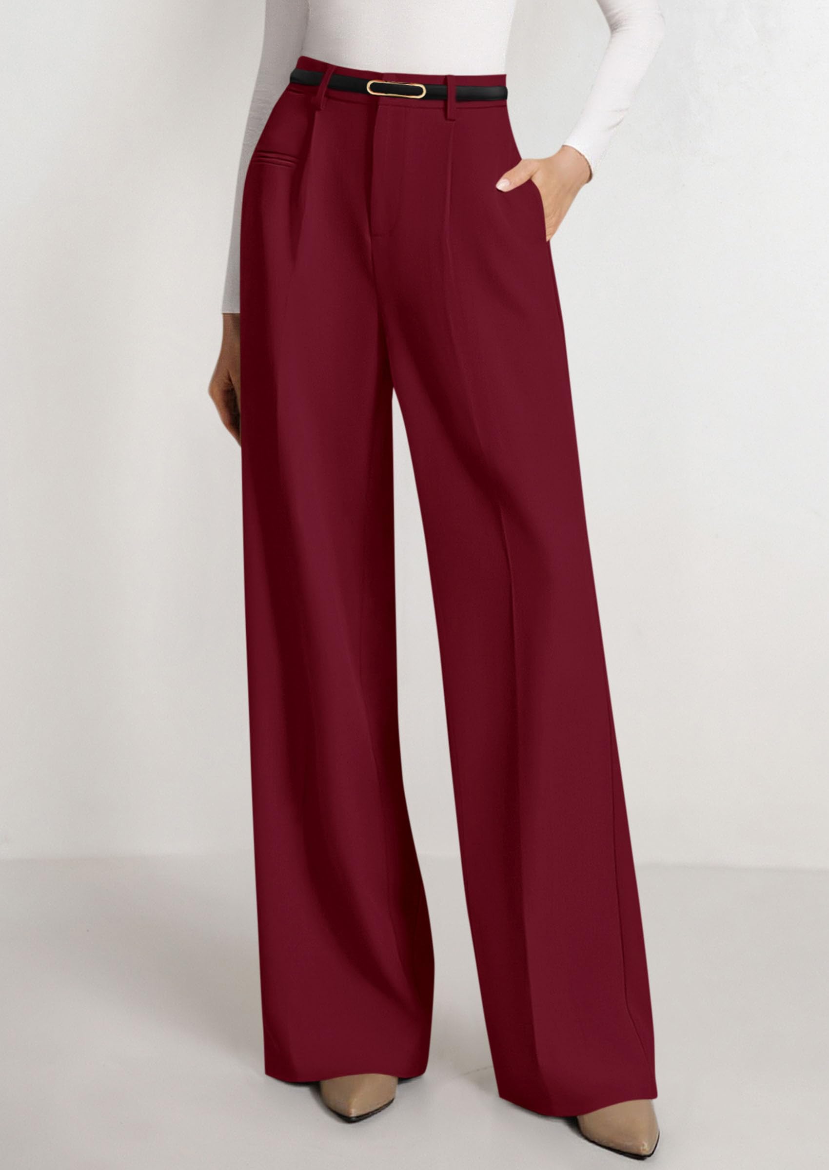 Women's Tailored Wide Leg Work Dress Pants,Burgundy,XS