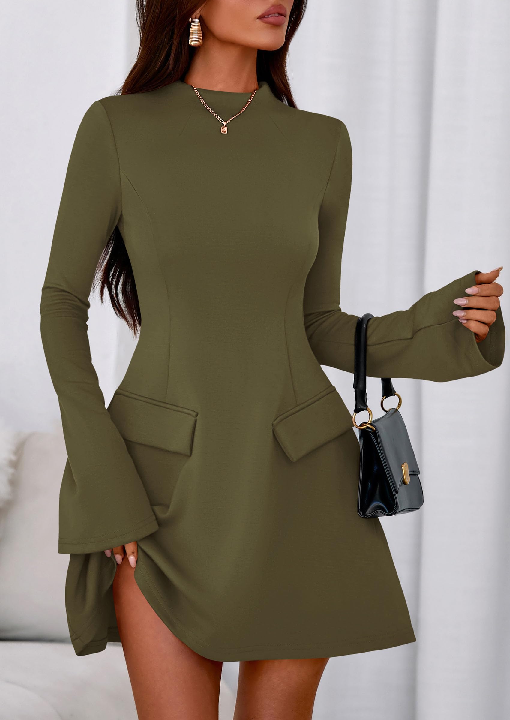 Women's Fall Bell Sleeve Short Dress,Army Green,XS