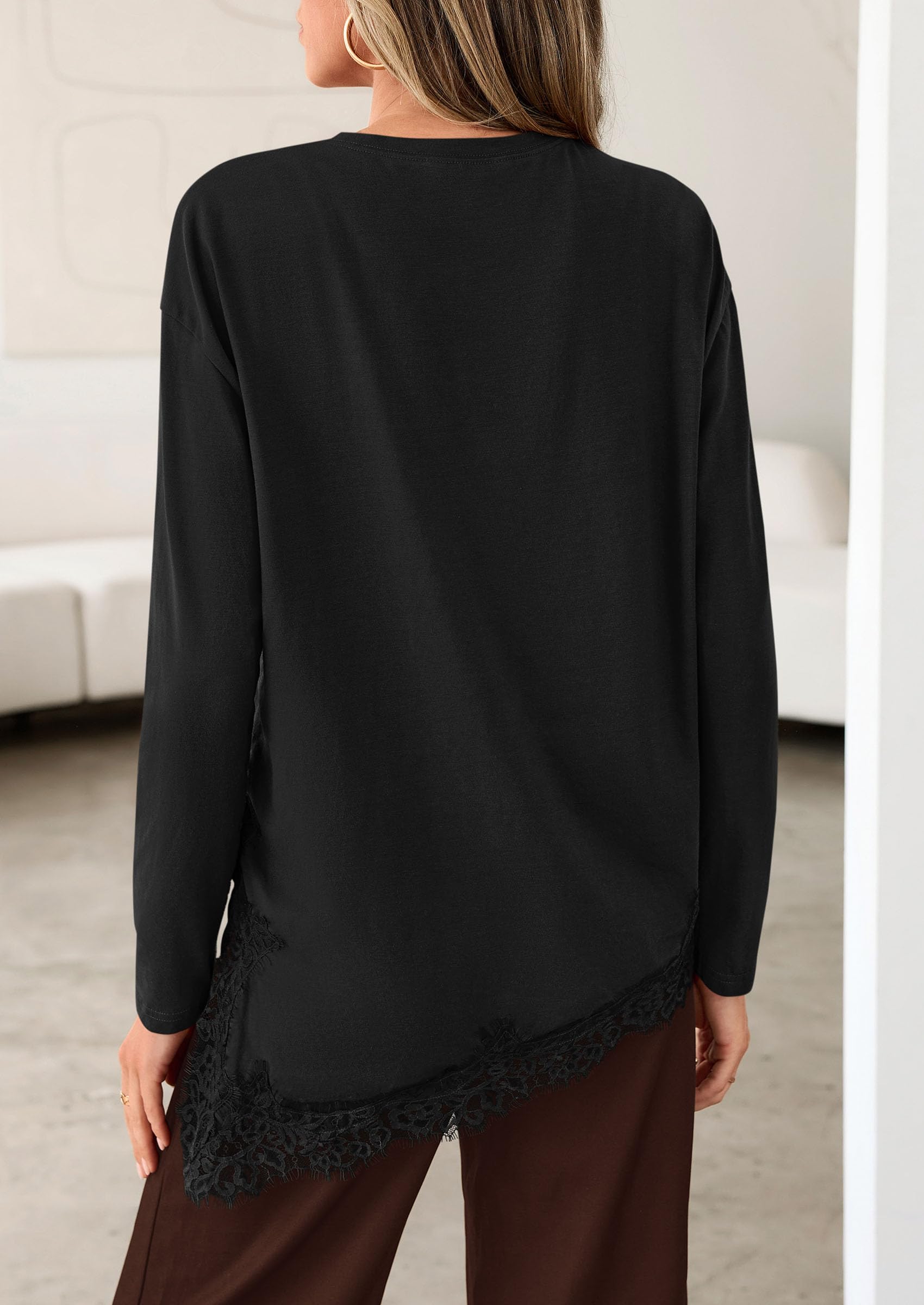 Women's Long Sleeve Asymmetrical Lace Tops Oversized Tshirts