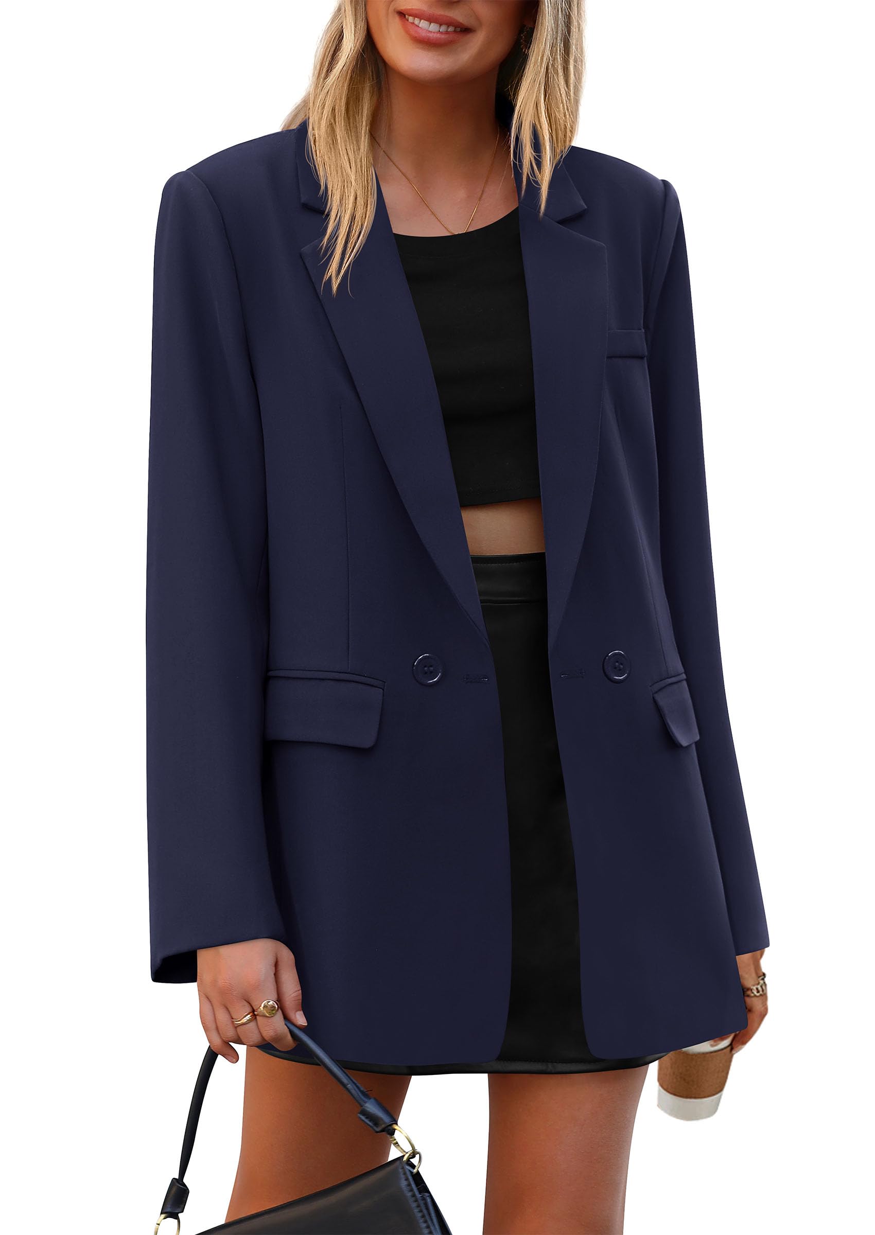 Women's Fall Business Casual Oversized Blazers(Navy Blue,S)