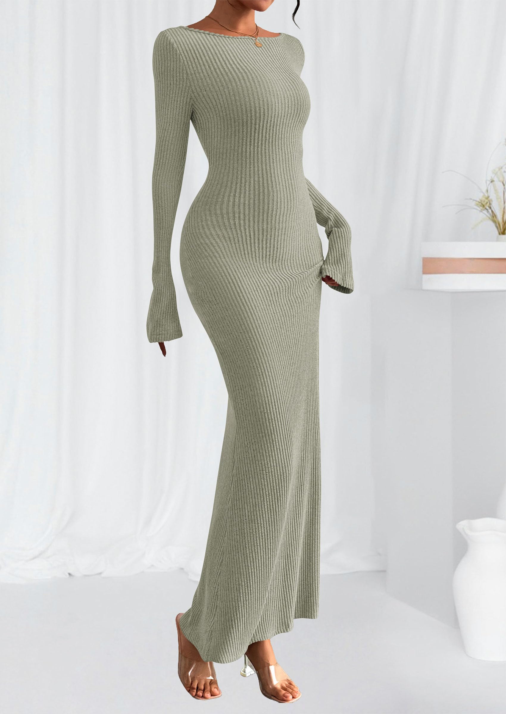Women's Fall Long Sleeve Bodycon Maxi Dresses(Light Green,XS)