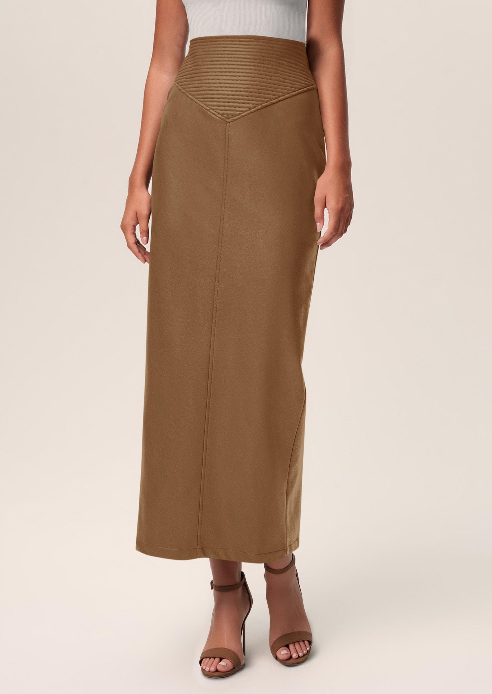Women's Faux Leather High Waisted Maxi Skirts,Camel,XS