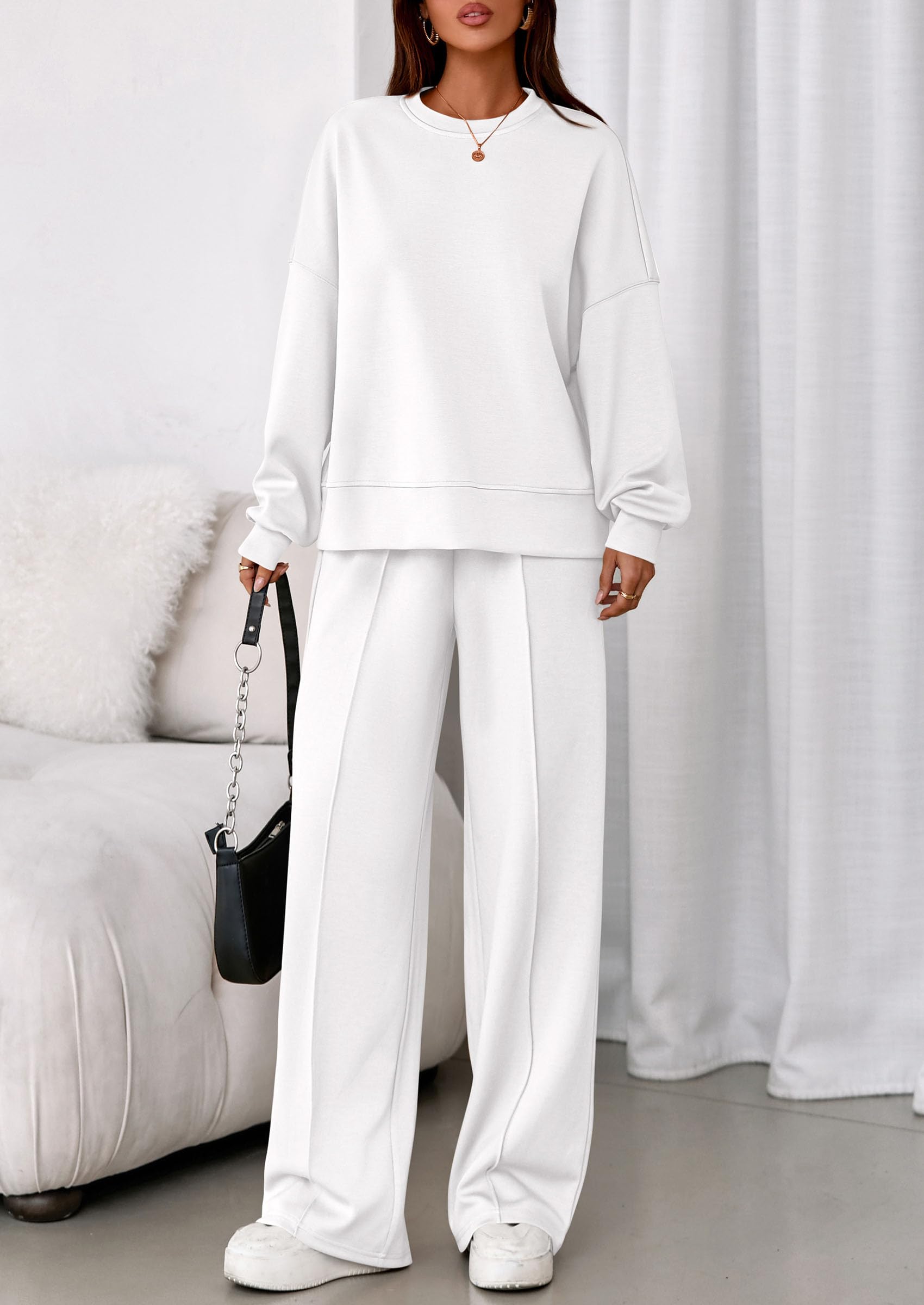 Womens Long Sleeve Sweatshirt 2 Piece Sets,White,S