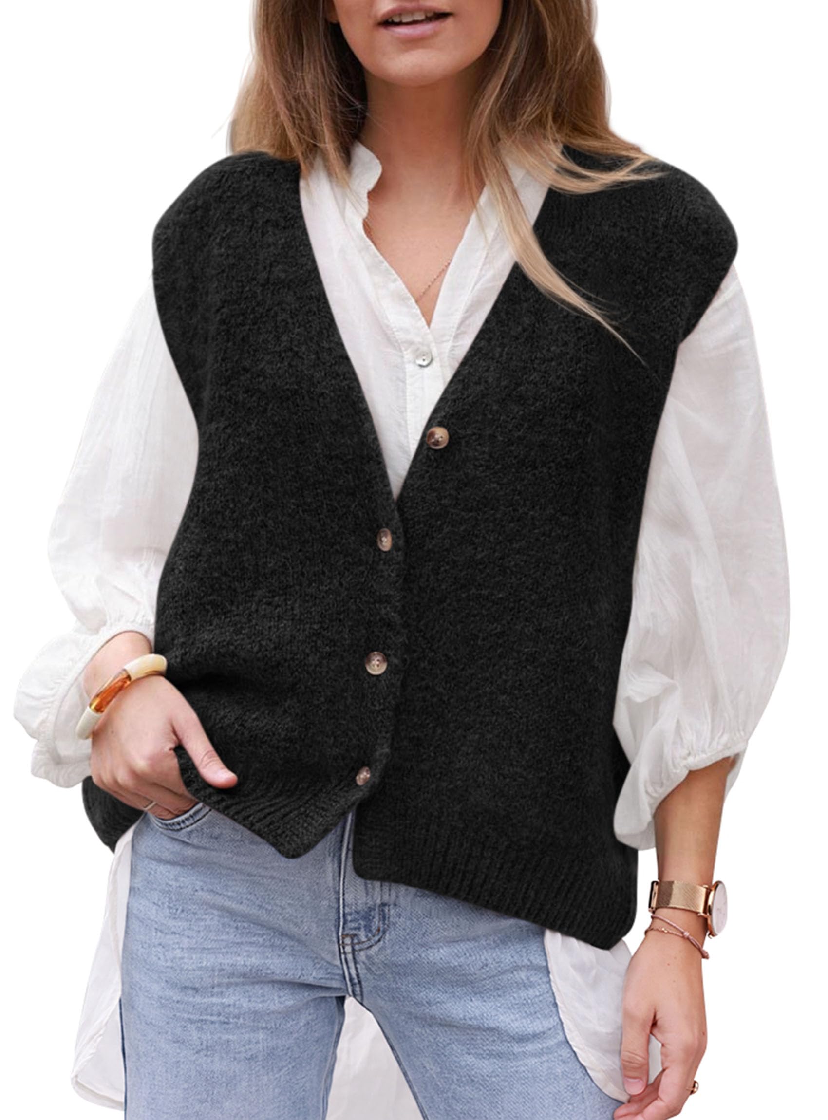Womens Fall Sleeveless Button Down Sweater Vest,Black,S