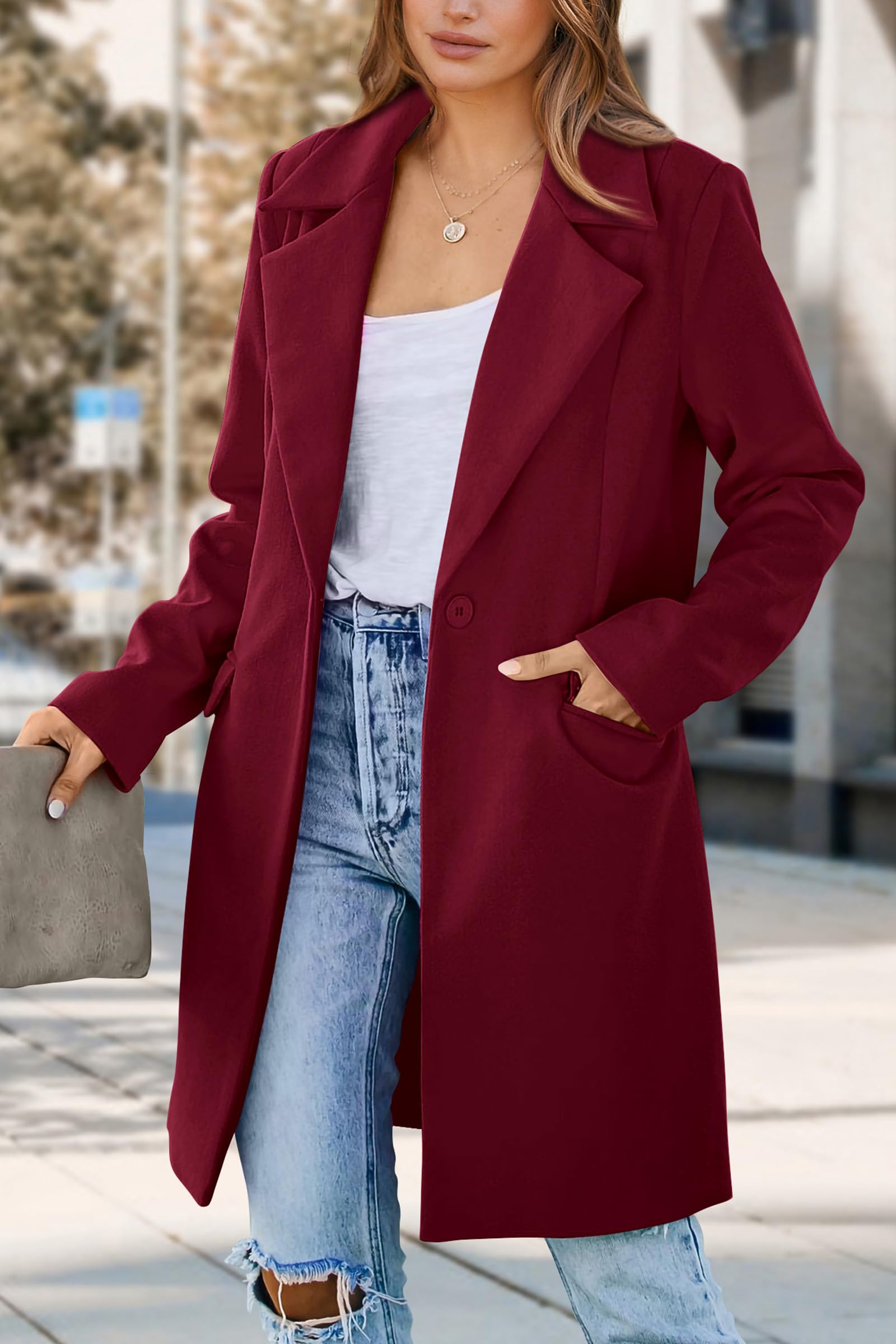 Women's Business Casual Long Blazer Jackets(Wine Red,S)