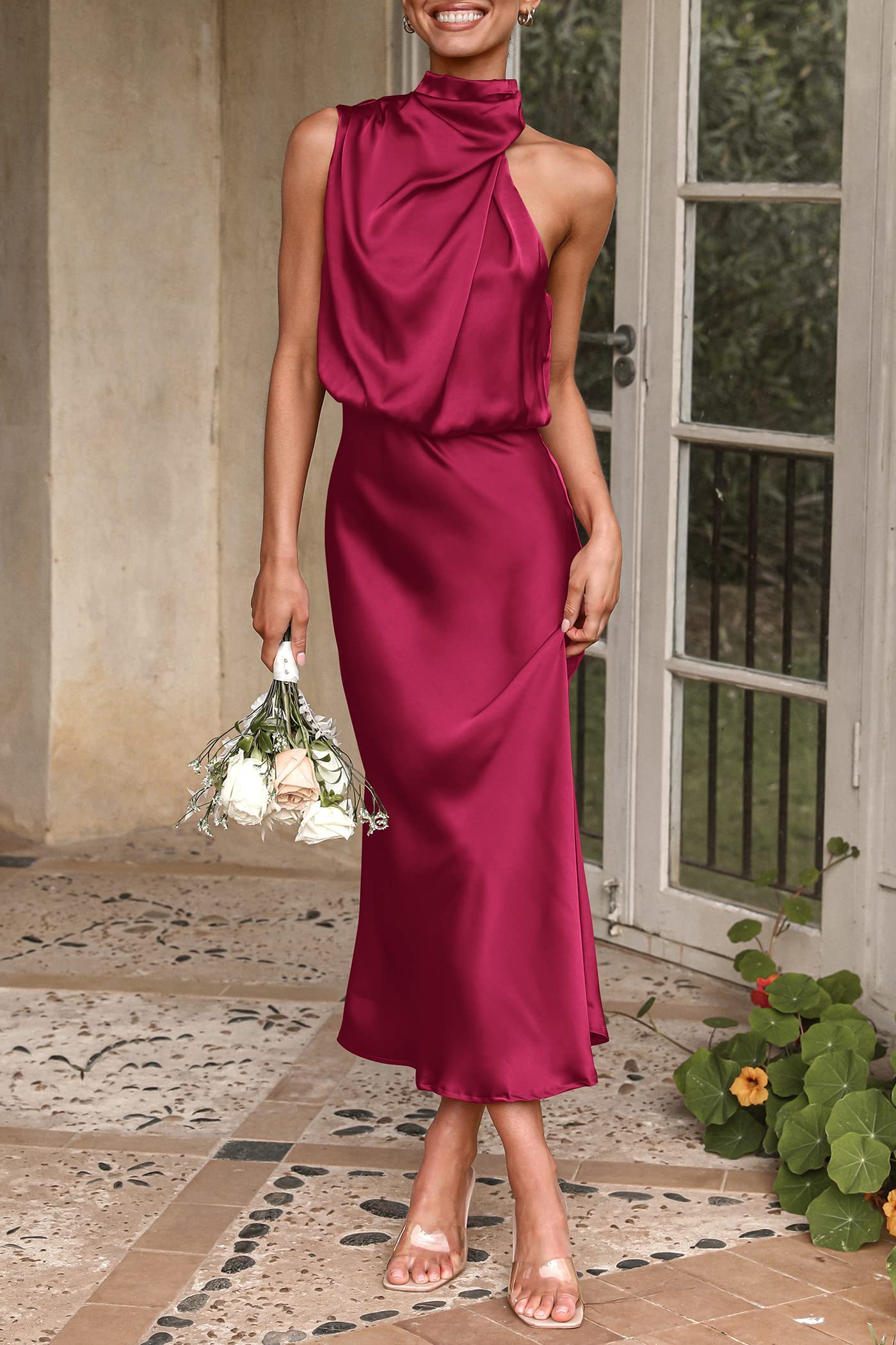Women's Summer Satin Maxi Cocktail Dress Deep Red
