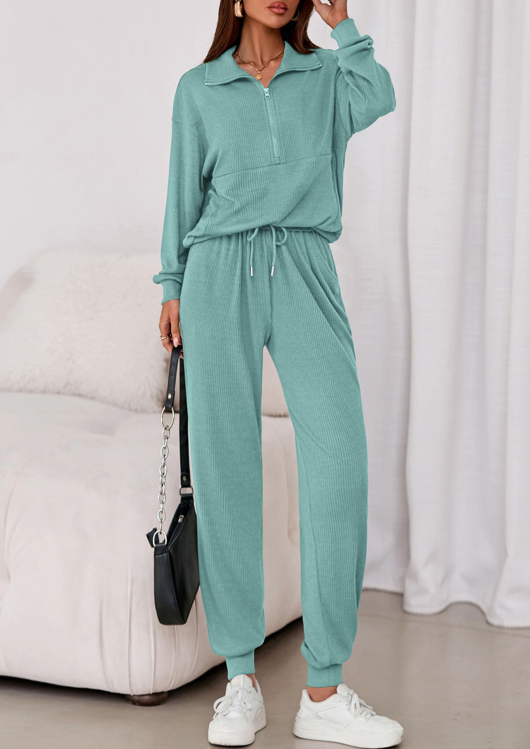 Airport Travel Outfit Women Ribbed Knit Matching Lounge Sets