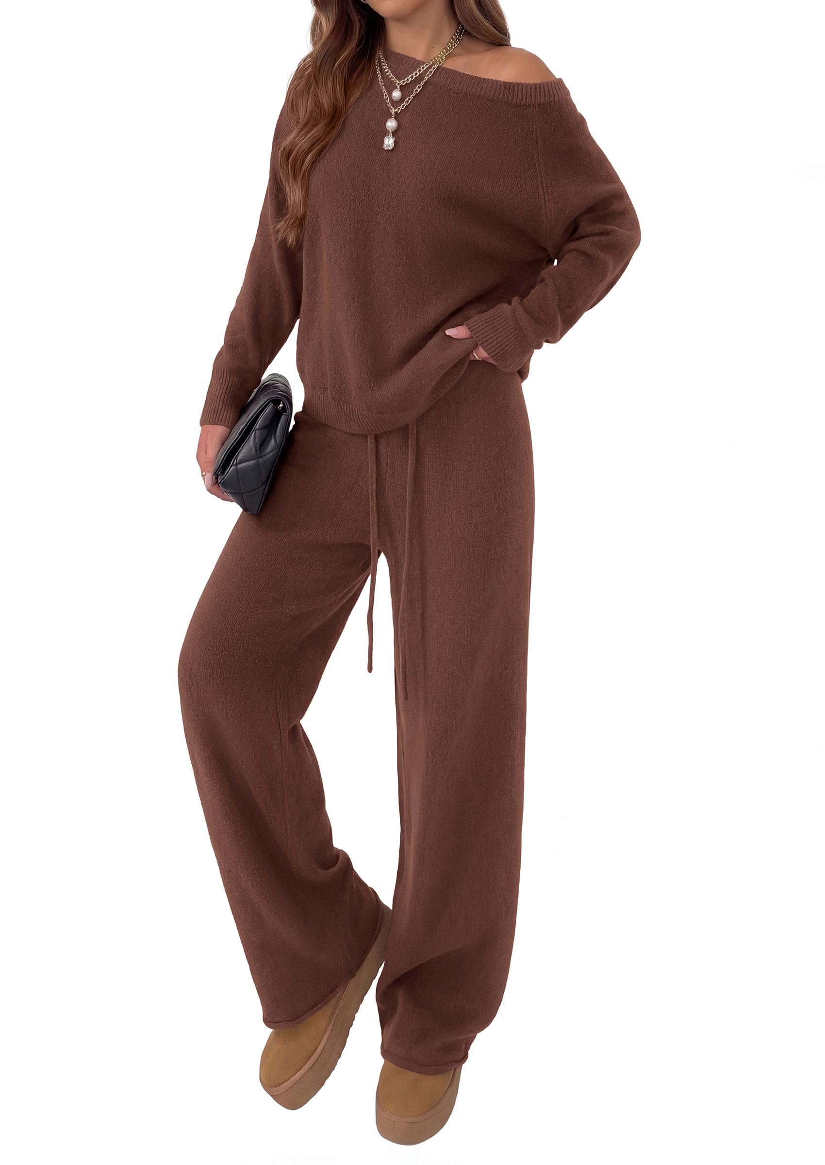Lounge Sets Womens Sweaters Two Piece Outfits (Brown,S)