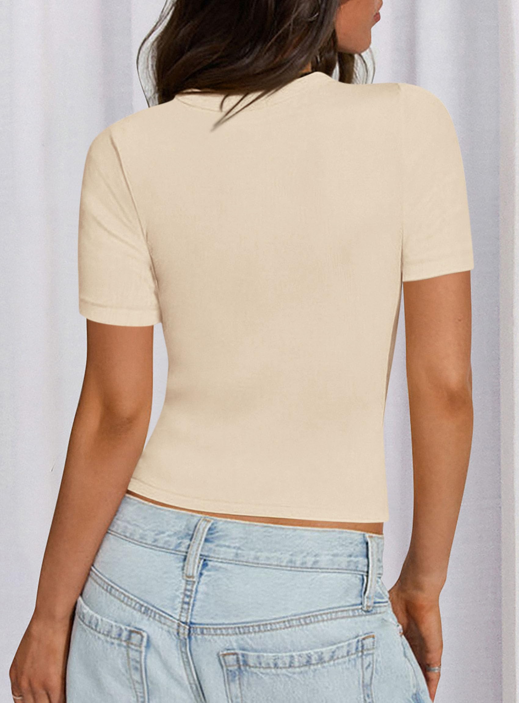 Womens Short Sleeve Slim Fit Basic Shirts,Beige,XS