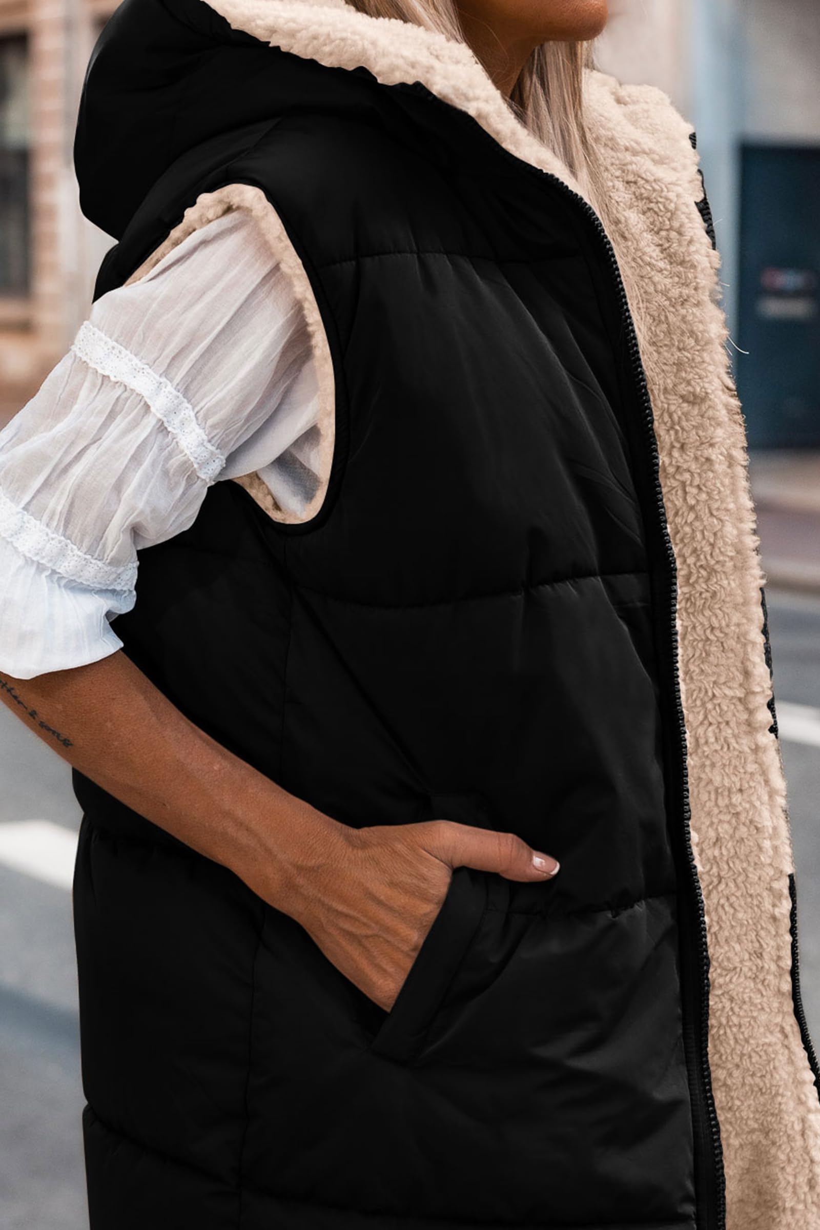 Women's Winter Reversible Fleece Long Vests(Black,S)