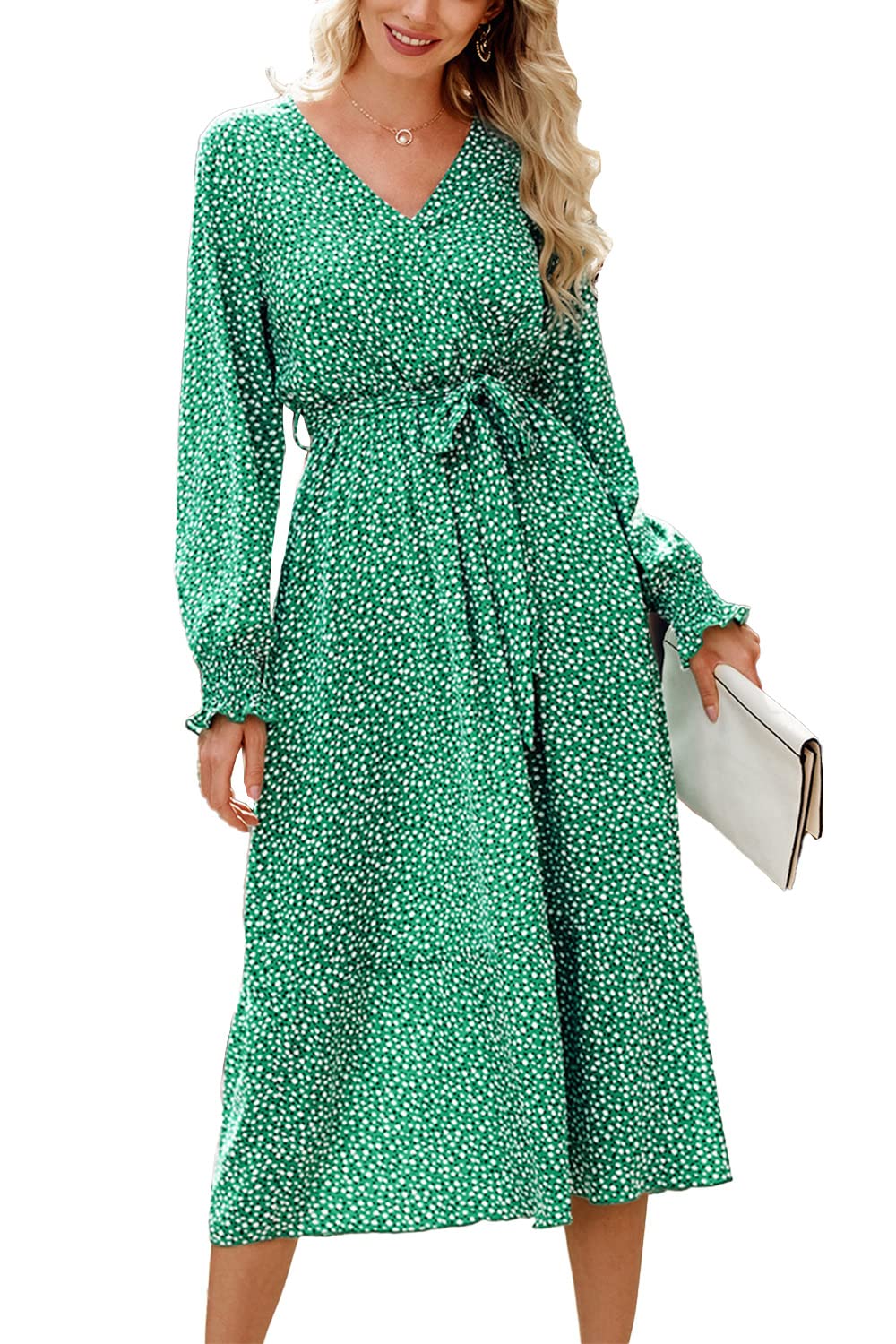 Women's Floral Boho Long Sleeve Maxi Dress, B_Green,S