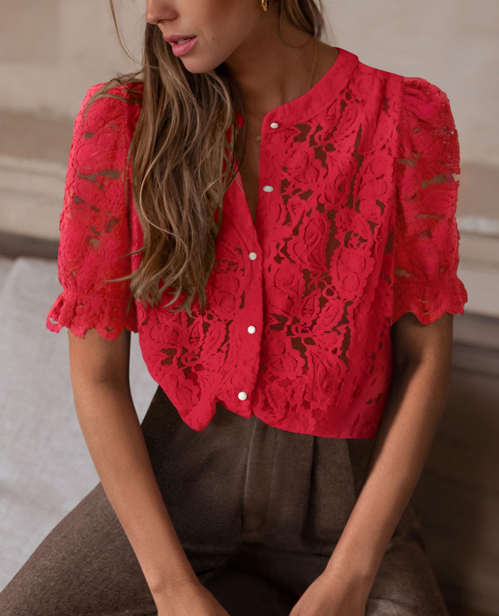 Womens Lace Tops Button Down Short Sleeve Shirts,Red,S