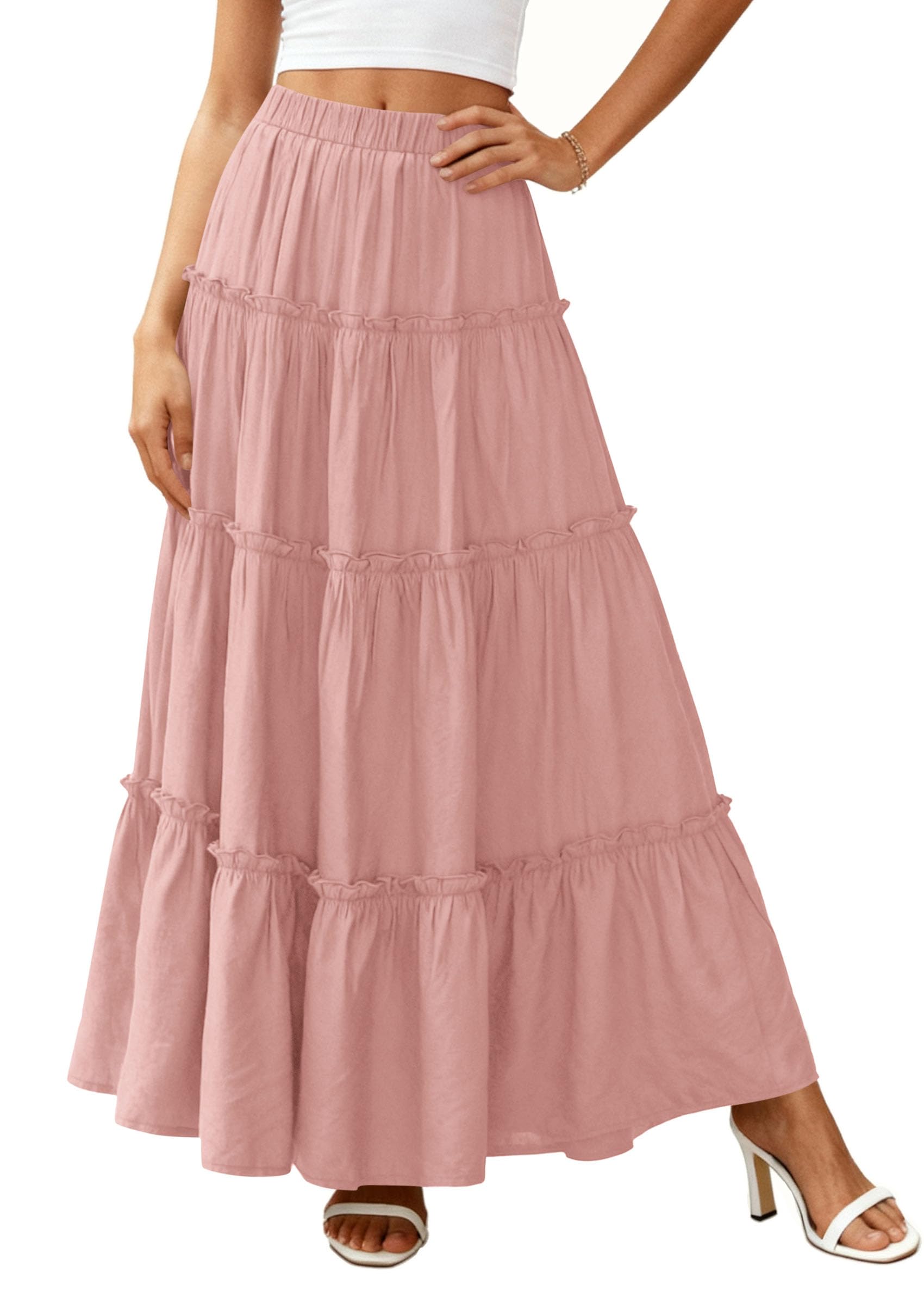 Women's Boho Tiered Ruffle Flowy Maxi Skirt, Pink,S
