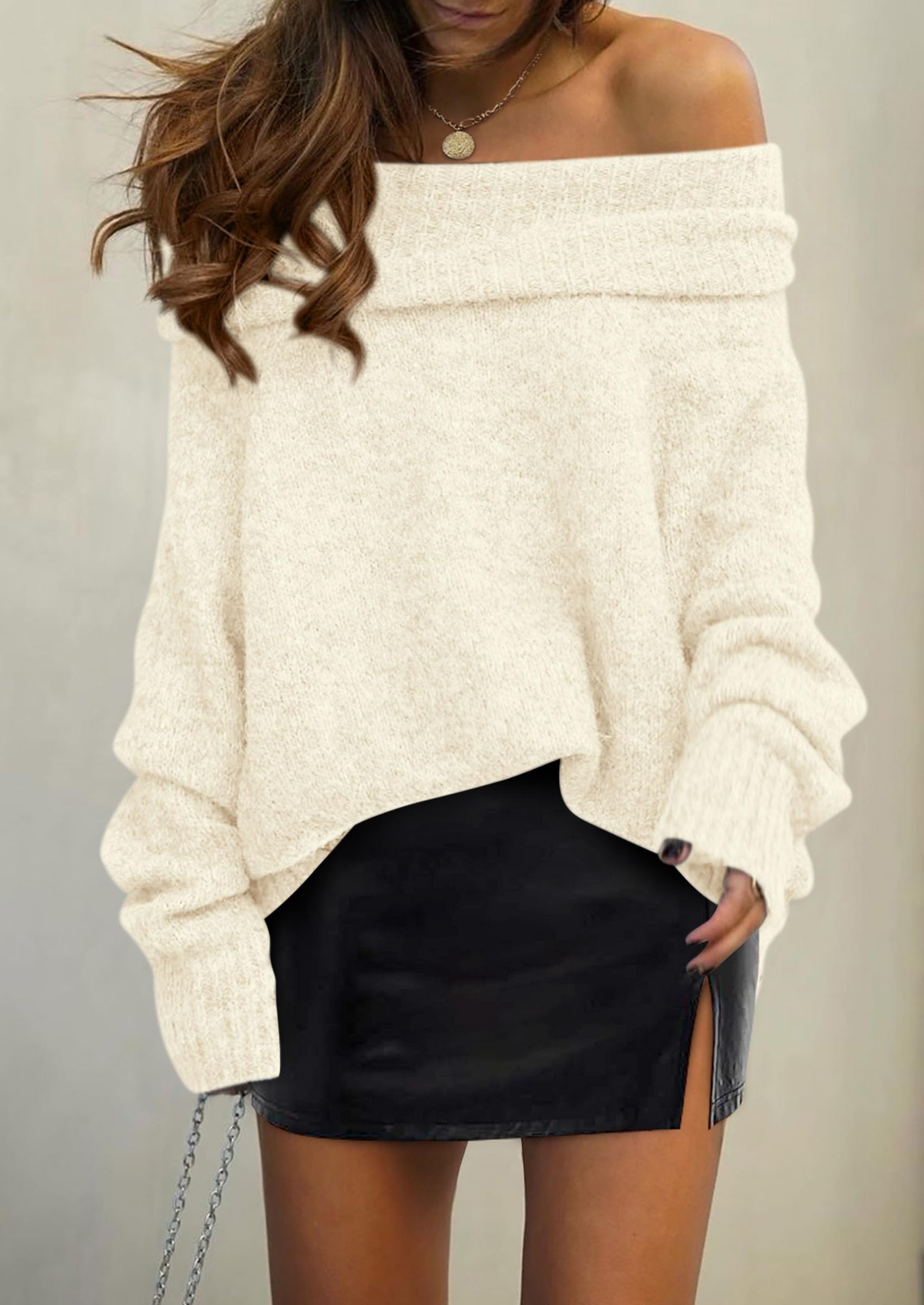 Women's Fall Off The Shoulder Sweater,Beige White,S