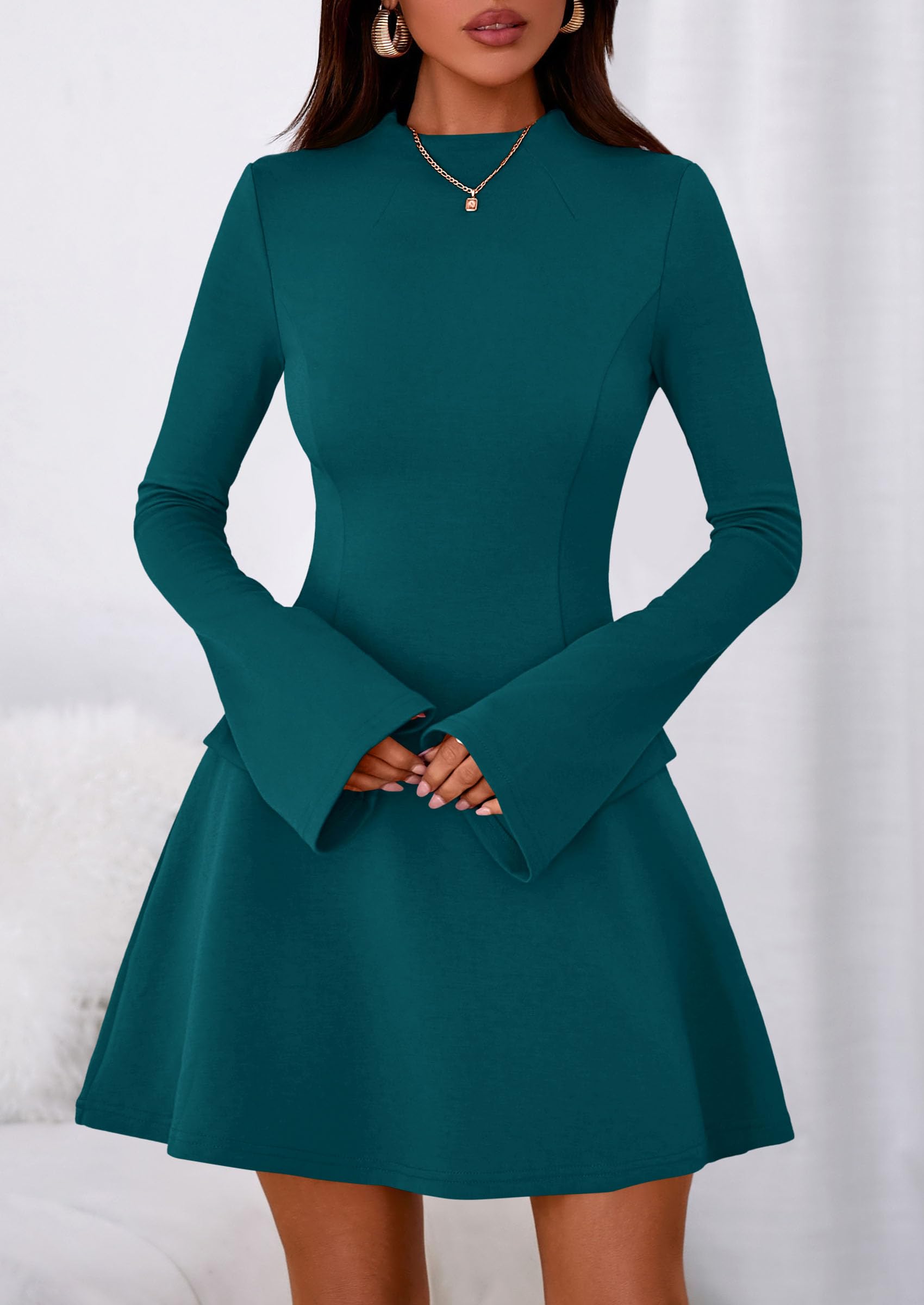 Women's Fall Bell Sleeve Short Dress,Blue Green,XS