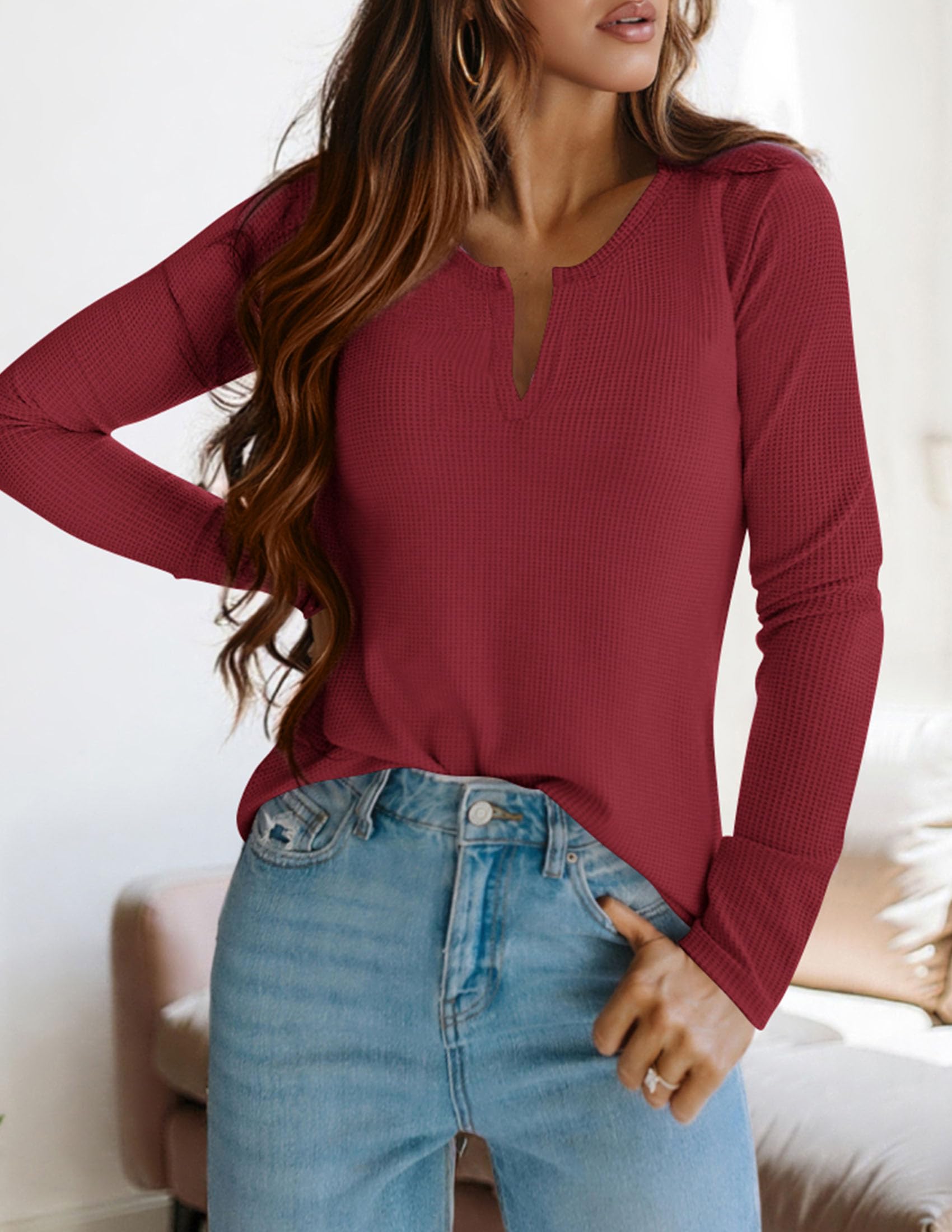 Long Sleeve Shirts for Women Waffle Knit Tops,Wine Red,S